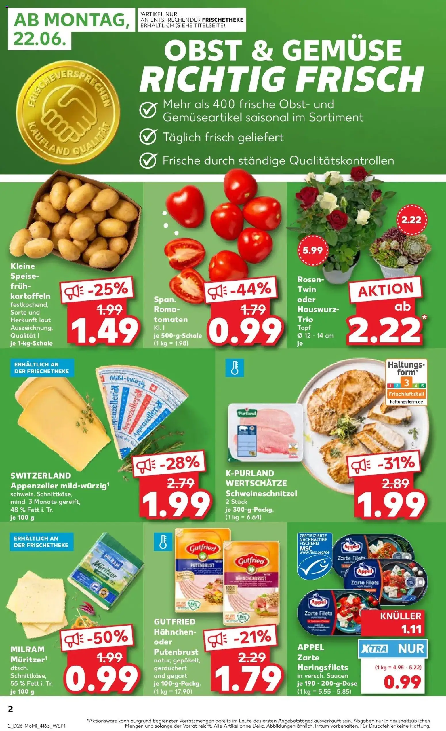 Kaufland Prospekt Dreieich – gültig ab 22.06.2026 | Seite: 2 | Produkte: Hahnchen, Schnitzel, Kartoffeln, Milram