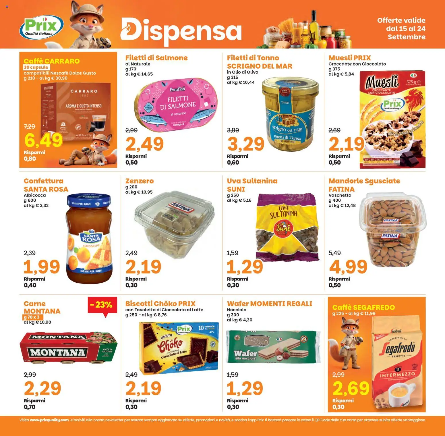 Volantino Prix del 15/09/2026 | Pagina: 15 | Prodotti: Salmone, Carne, Zenzero, Segafredo