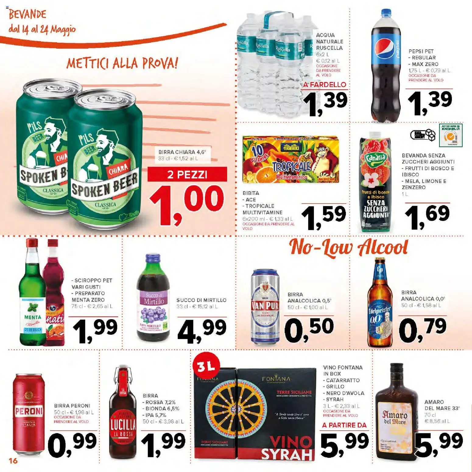 Volantino Todis del 14.05.2026 | Pagina: 16 | Prodotti: Succo, Birra, Acqua, Pepsi