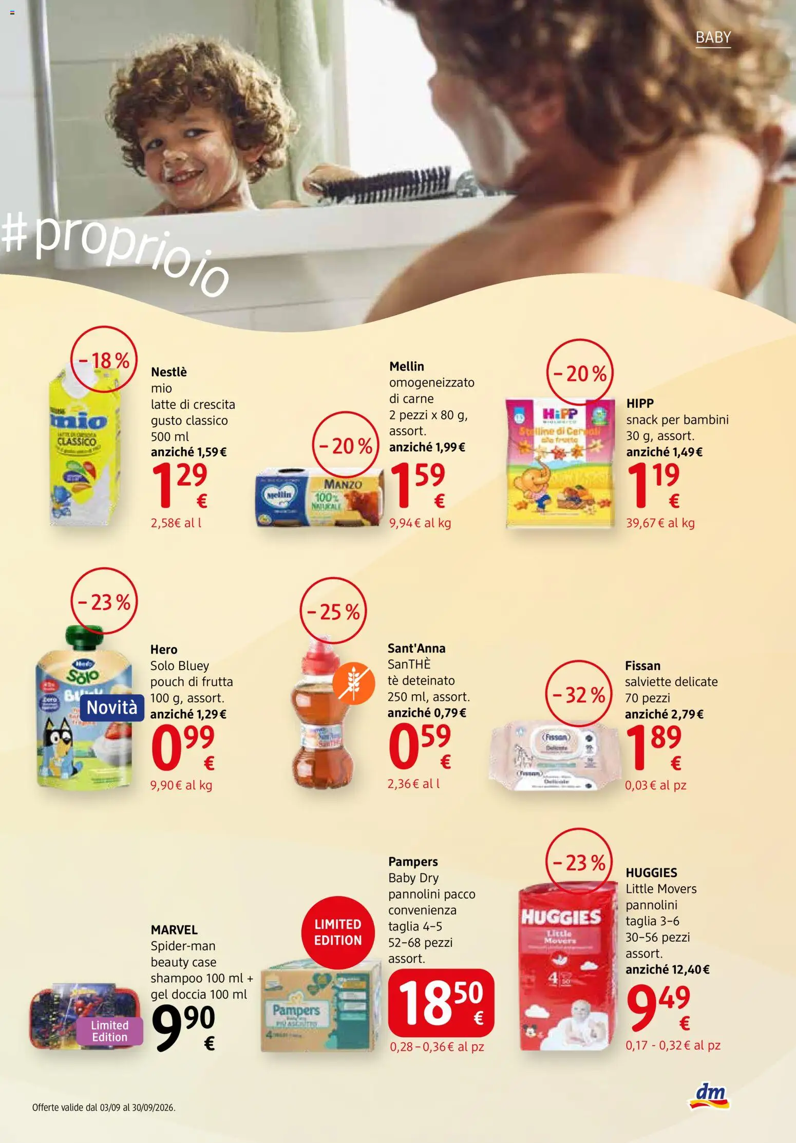 Volantino dm drogerie markt del 03/09/2026 | Pagina: 11 | Prodotti: Pannolini, Manzo, Gel doccia, Doccia