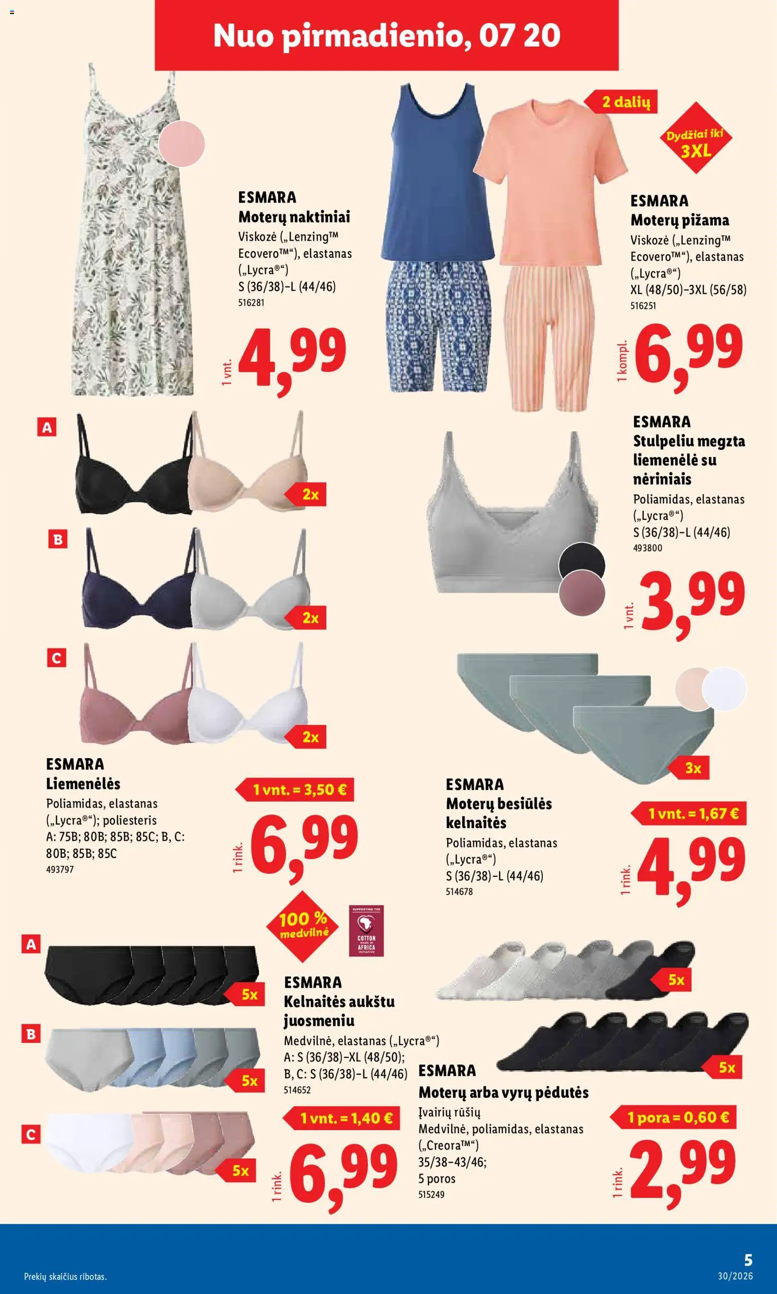 LIDL akcijos nuo 2026.07.20 | Puslapis: 5 | Prekių: Naktiniai, Kelnaitės, Liemenėlė, Pižama