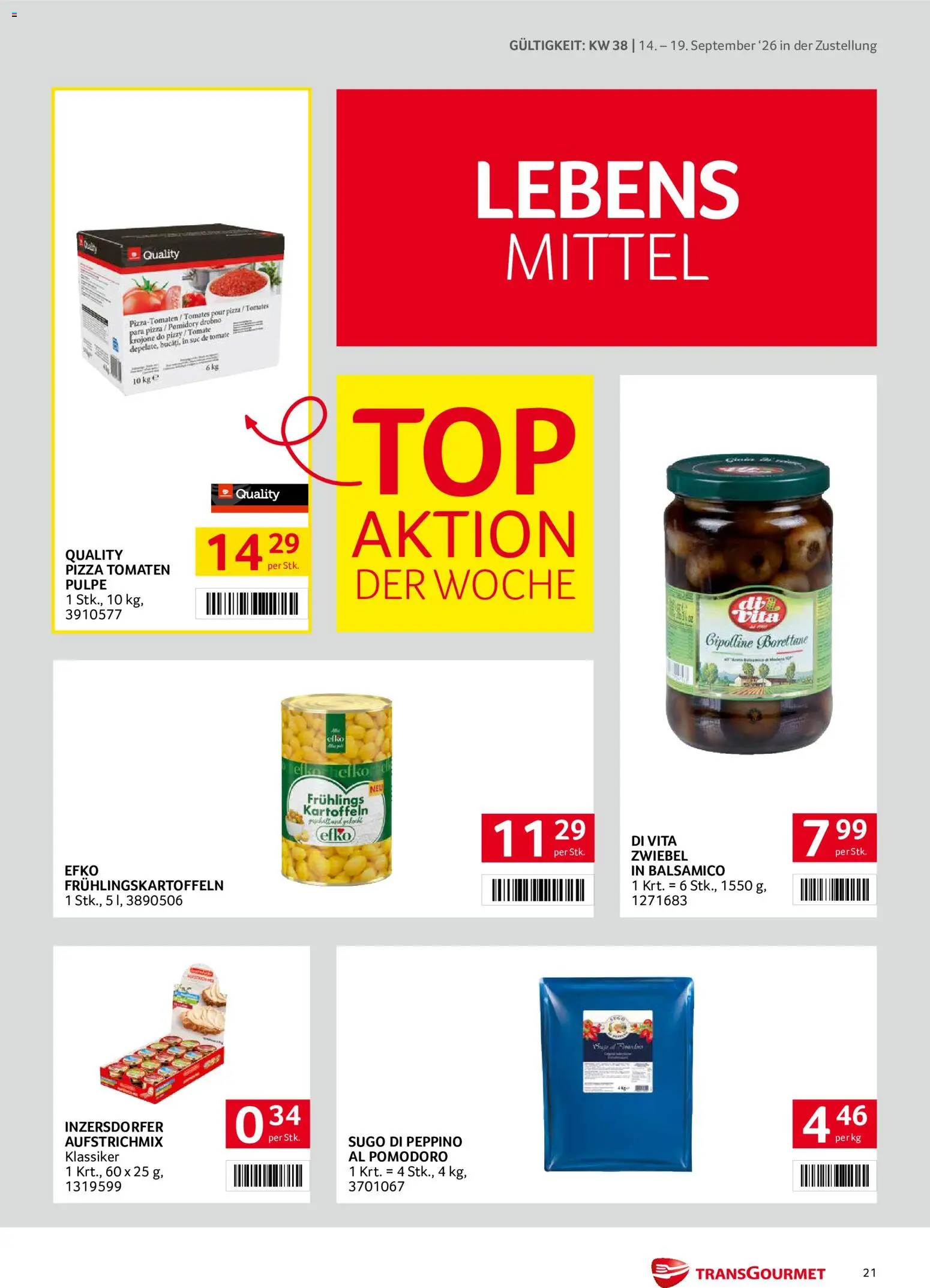 Transgourmet Zustellaktion gültig ab 14.09.2026 | Seite: 21 | Produkte: Kartoffeln, Pizza, Tomaten