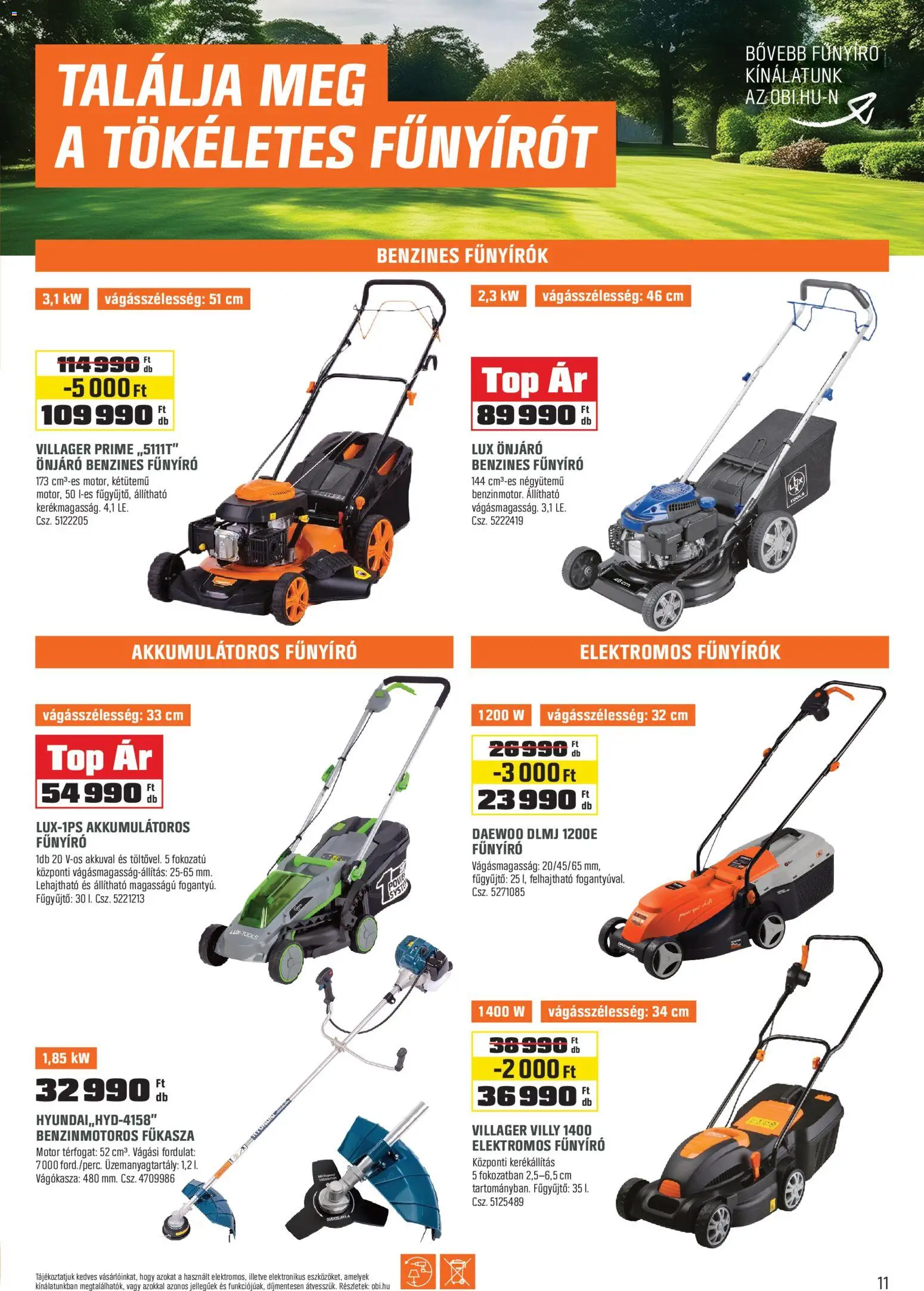 OBI akciós ujság - amely érvényes a következő dátumtól: 03.03.2026 | Oldal: 11 | Termékek: Fűkasza, Fűnyíró, Elektromos fűnyíró, Benzines fűnyíró