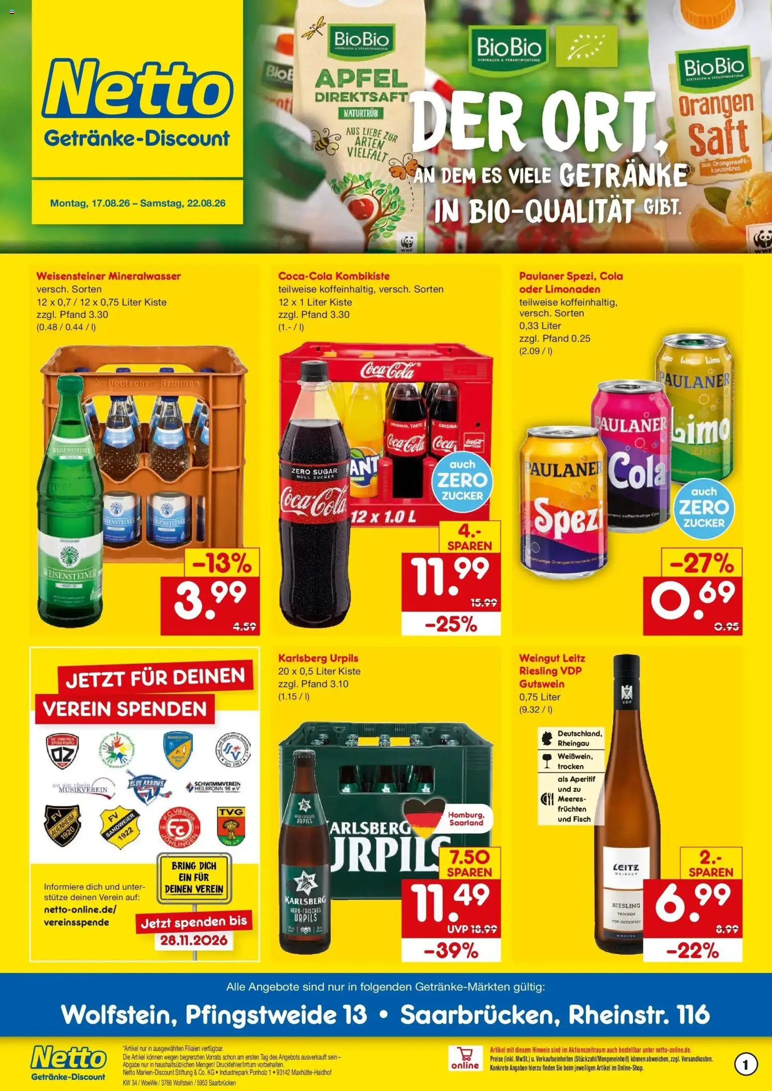 Netto Marken-Discount Prospekt Saarbrücken (ab 17.08.2026) » Angebote | Seite: 1 | Produkte: Äpfel, Mineralwasser, Zucker, Saft