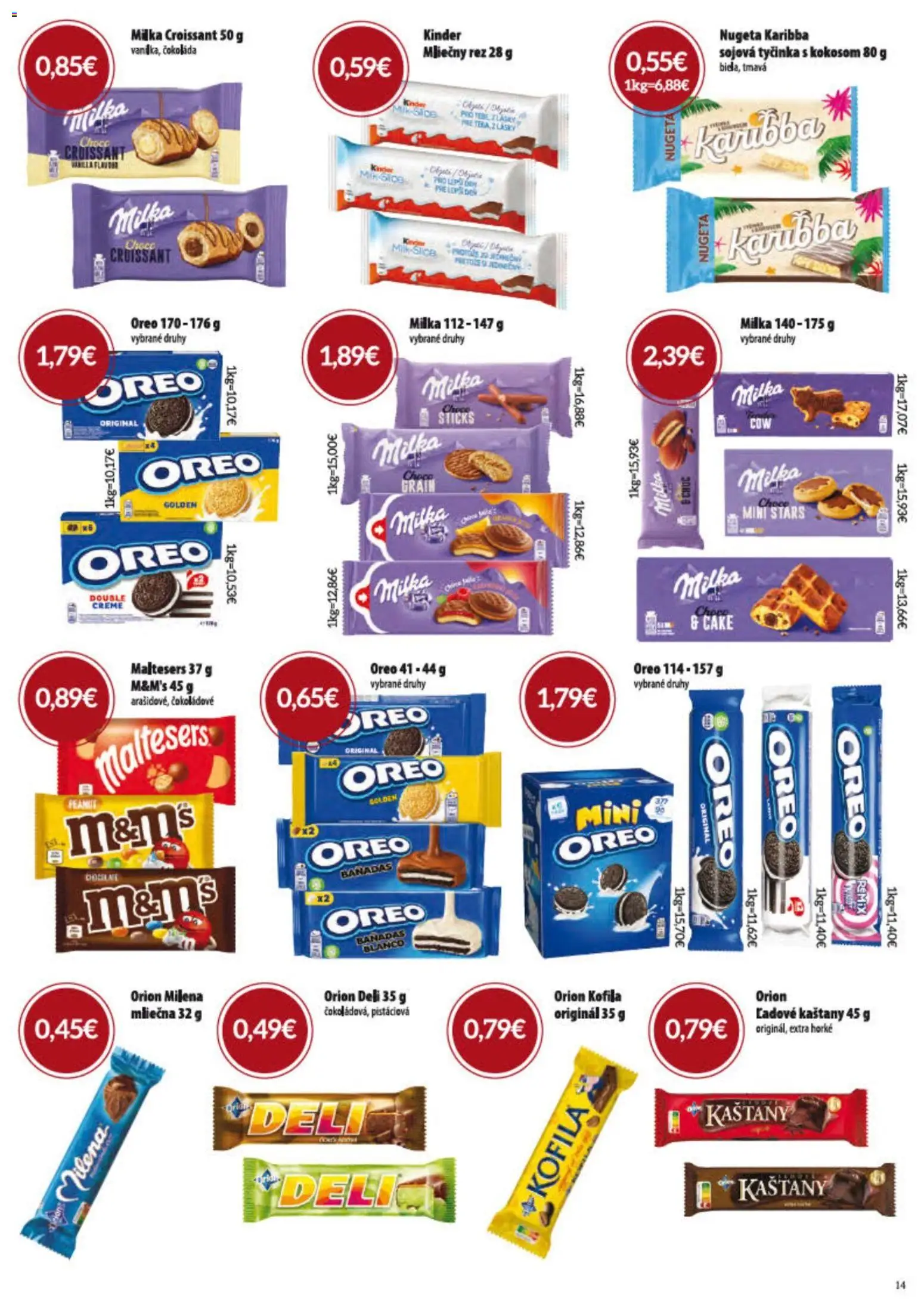 Nové KARMEN CBA akcie – leták je platný od 07.05.2026 | Strana: 14 | Produkty: Croissant, Kinder, Čokoláda, Milka