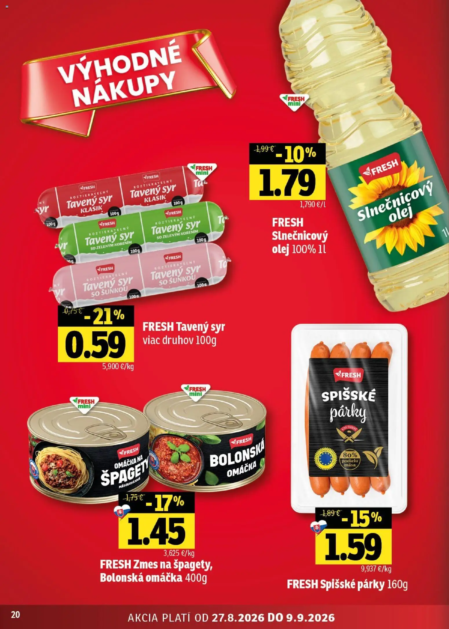 Nové Fresh akcie – leták je platný od 27.08.2026 | Strana: 20 | Produkty: Syr, Olej, Omáčka, Špagety