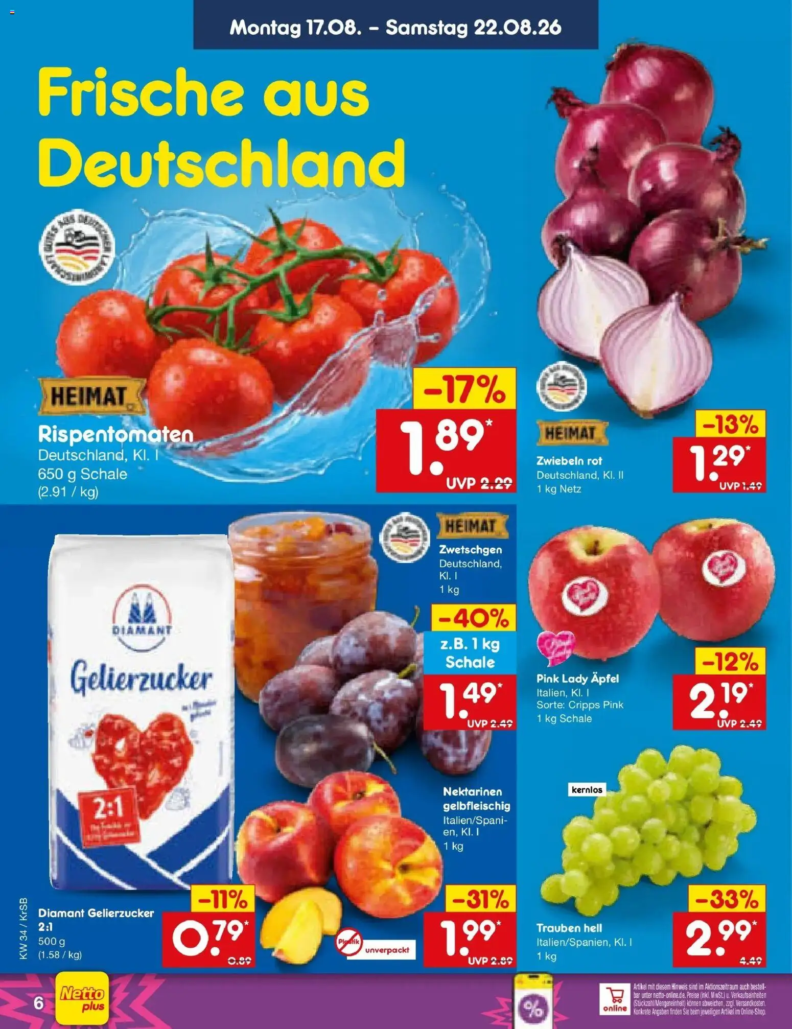 Netto Marken-Discount Prospekt Jüchen – gültig ab 17.08.2026 | Seite: 8 | Produkte: Nektarinen, Äpfel, Zwetschgen, Zwiebeln