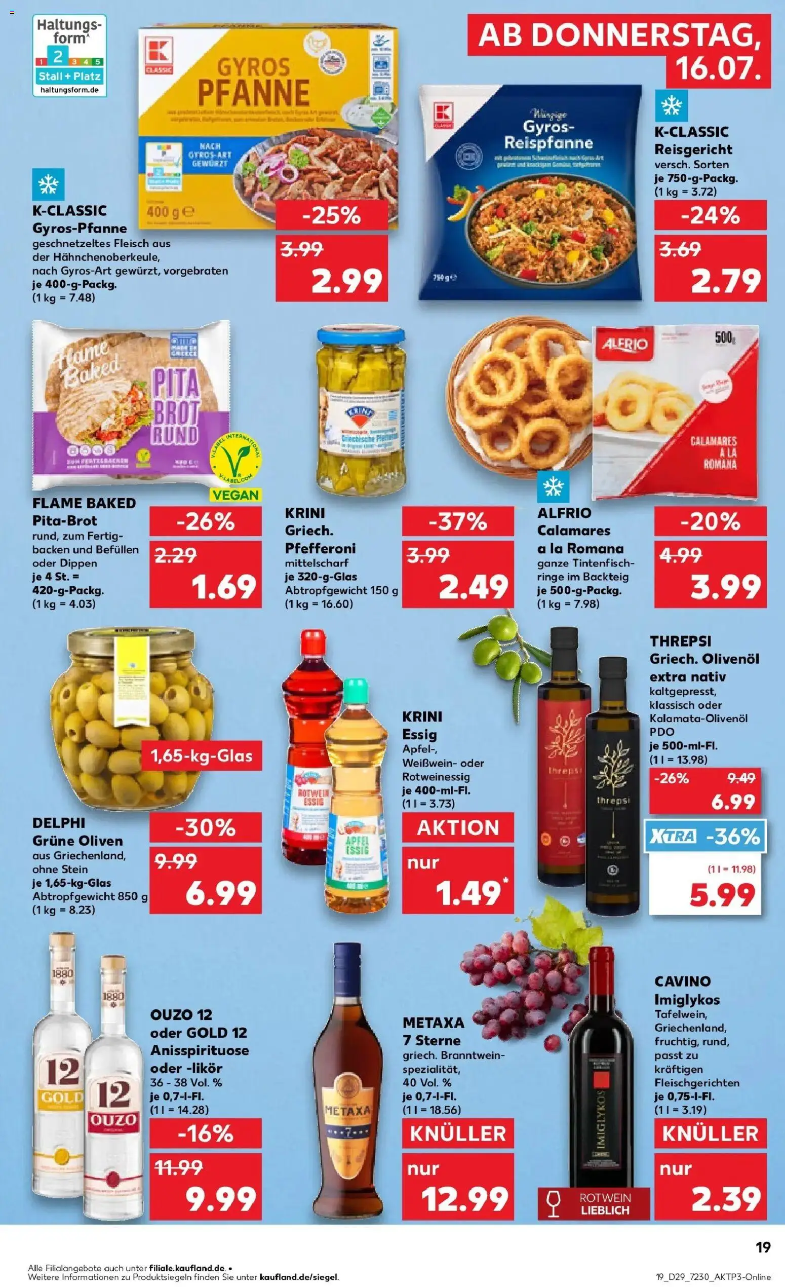 Kaufland Prospekt Köln – gültig ab 16.07.2026 | Seite: 19 | Produkte: Ouzo 12, Tintenfisch, Metaxa, Gyros