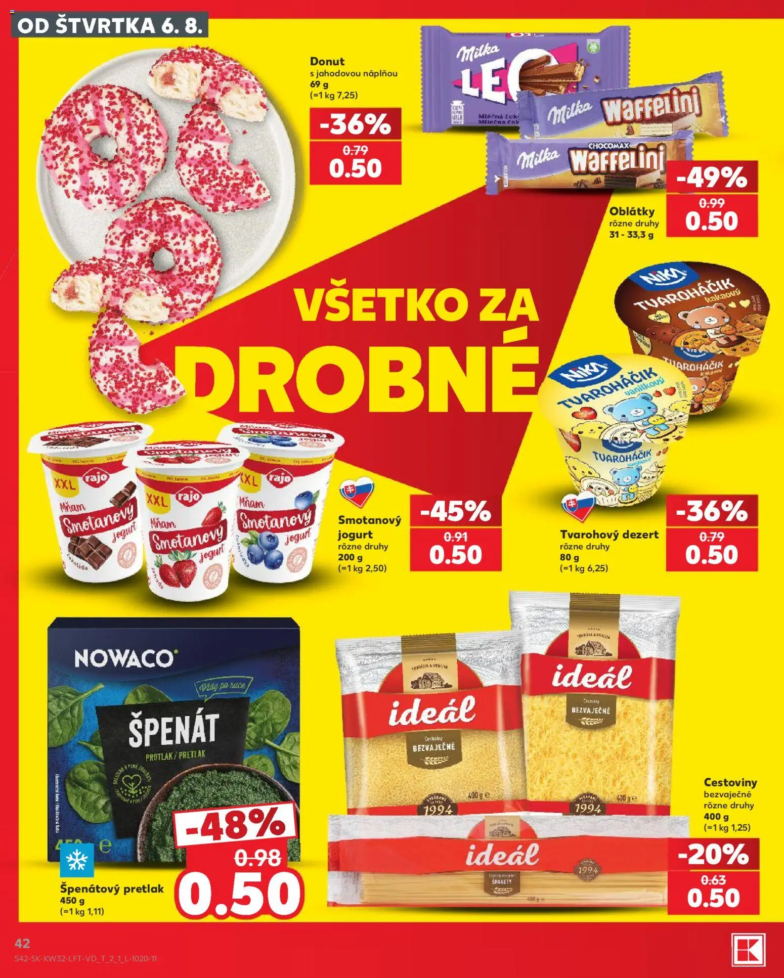 Nové Kaufland akcie – leták je platný od 06.08.2026 | Strana: 42 | Produkty: Jogurt, Donut, Cestoviny, Milka