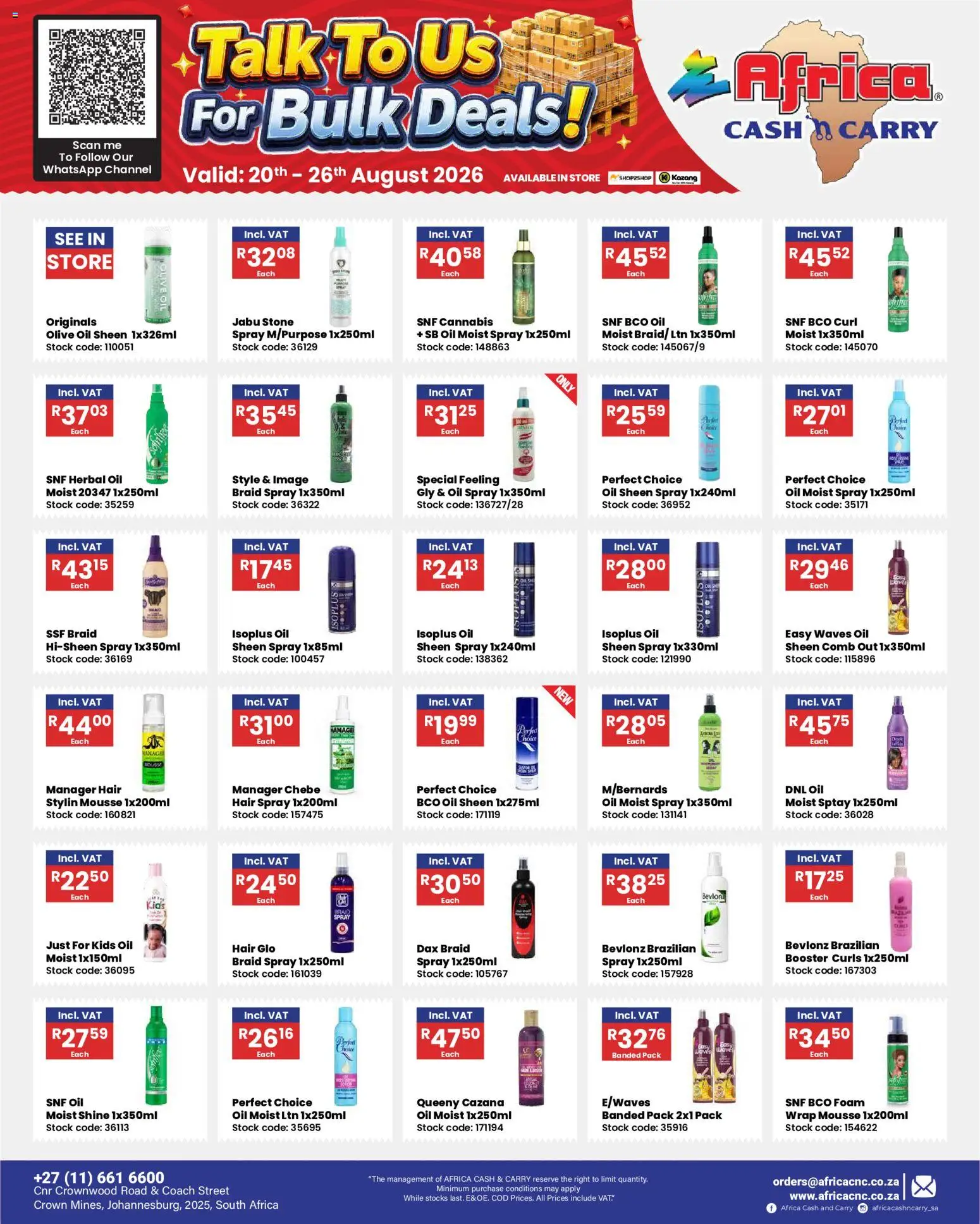 New Africa Cash & Carry catalogue – valid from 20/08/2026 | Page: 1 | Products: Oil, Hair spray, Stock, Foam