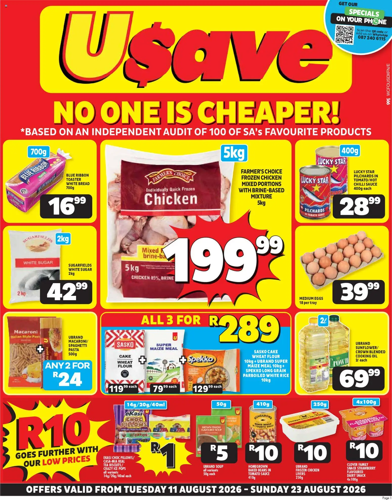 New Usave catalogue – valid from 11/08/2026 | Page: 1 | Products: Pilchards, Baked beans, Biscuits, Sugar