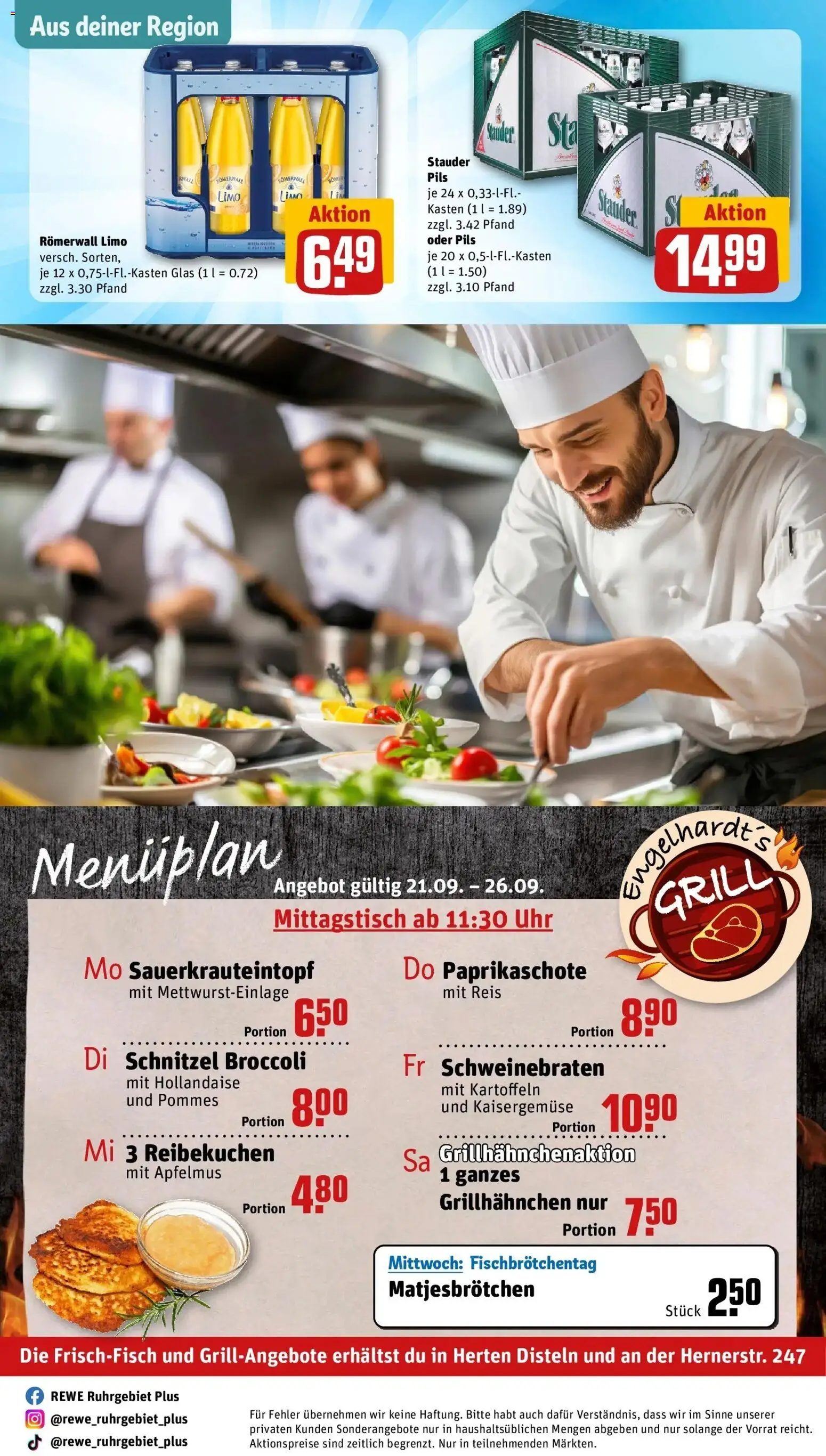 REWE Prospekt ab 21.09.2026 zum Blättern » Angebote | Seite: 36 | Produkte: Pommes, Schnitzel, Apfelmus, Uhr
