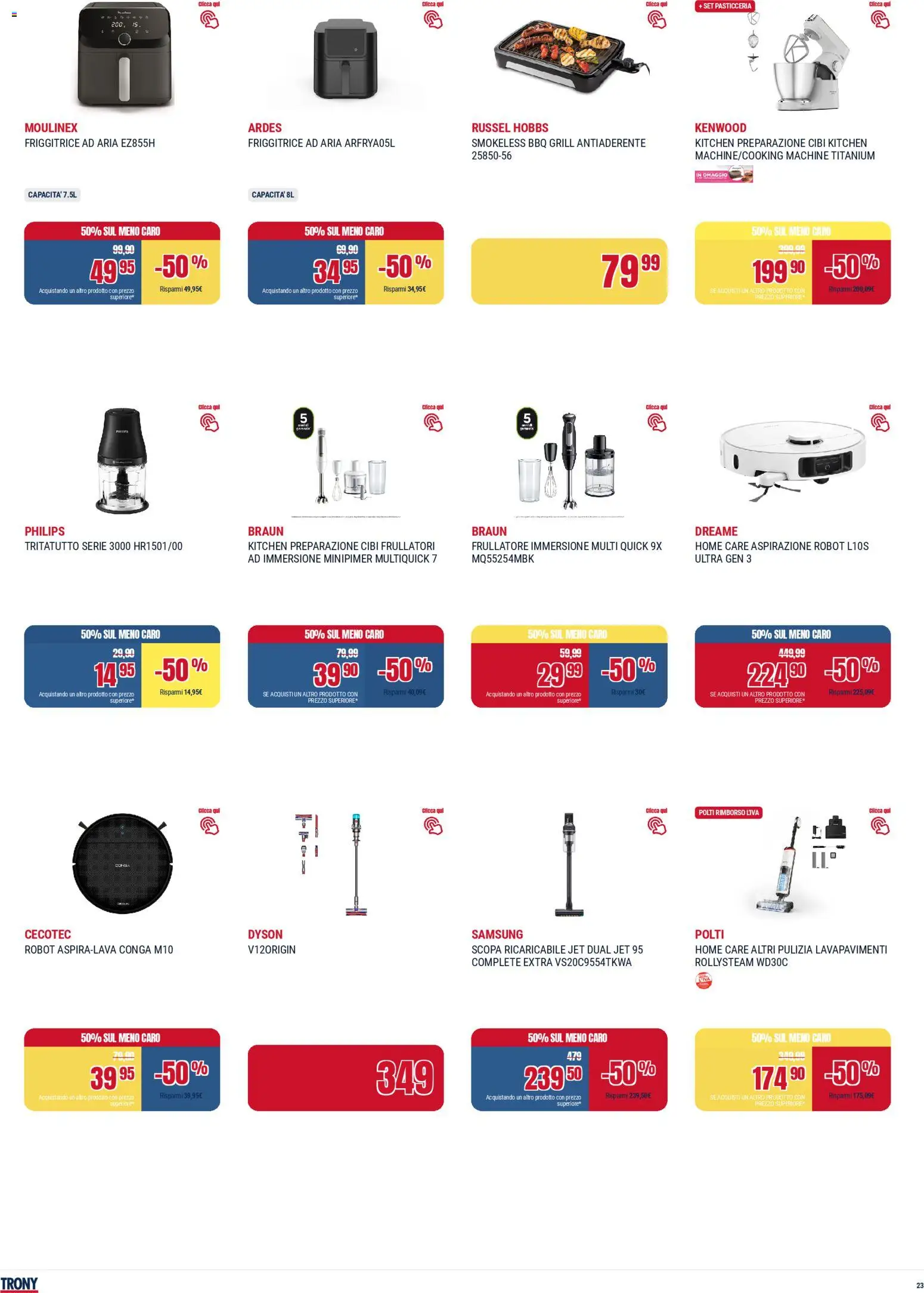 Volantino Trony del 28.04.2026 | Pagina: 23 | Prodotti: Friggitrice ad aria, Frullatore, Robot, Dyson