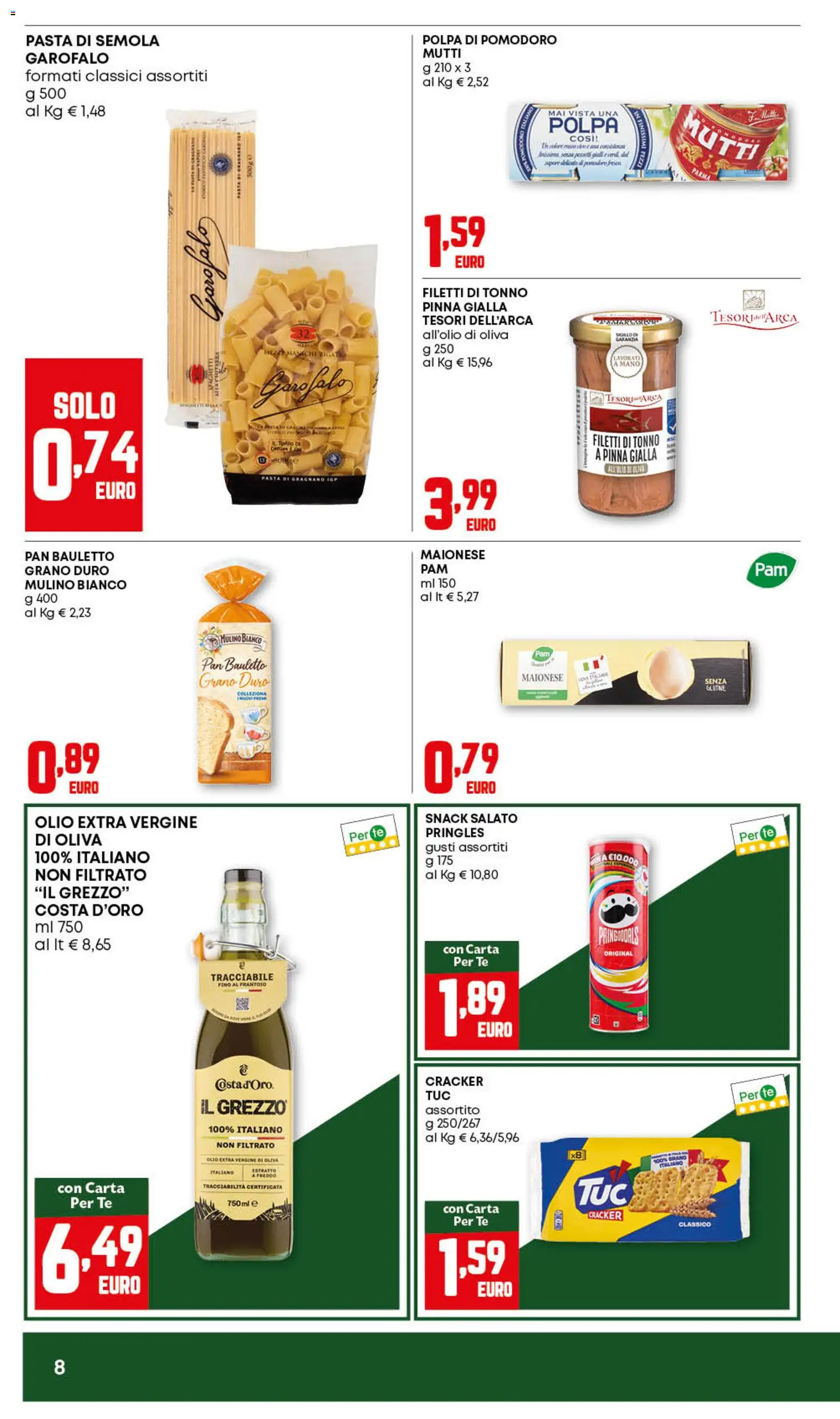Volantino PAM del 27/08/2026 | Pagina: 8 | Prodotti: Tè, Pomodoro, Olio extra vergine, Snack salato