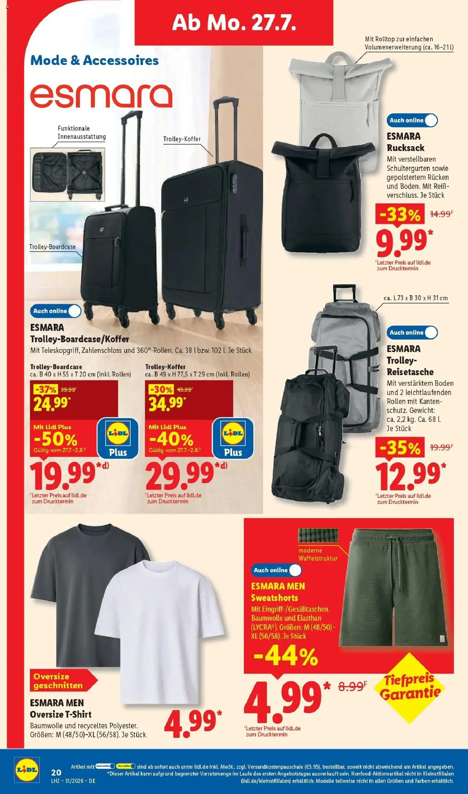 Lidl Prospekt Künzell – gültig ab 27.07.2026 | Seite: 36 | Produkte: T-Shirt, Sweatshorts, Rucksack, Reisetasche