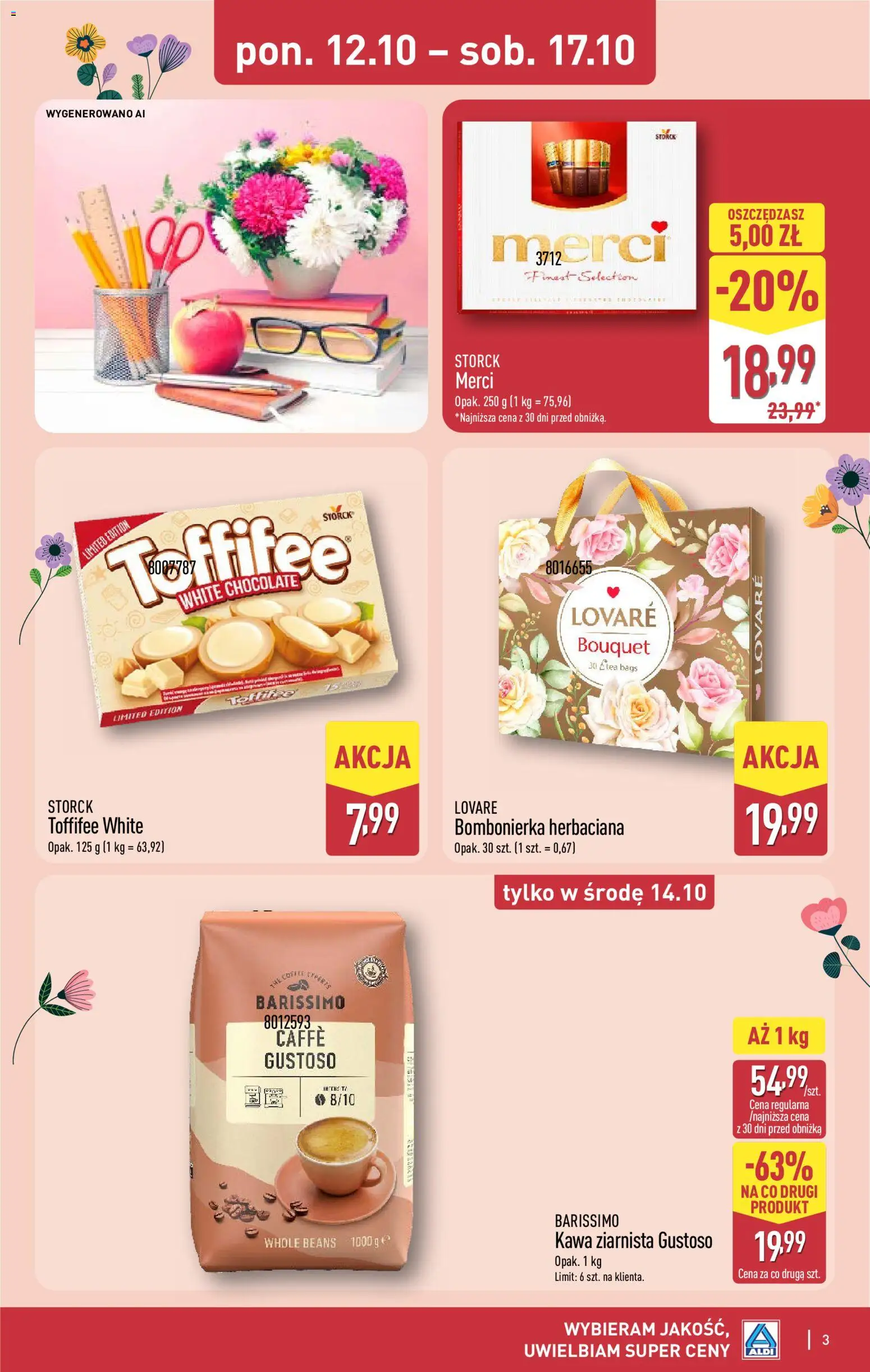 Aldi gazetka - Dzień nauczyciela od 12.10.2026 | Strona: 3 | Produkty: Bombonierka, Merci, Toffifee, Kawa