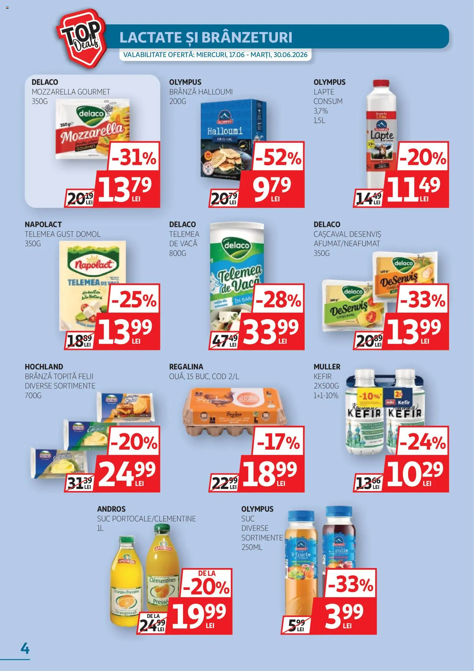 Noul catalog Auchan – valabil de la 17.06.2026 | Pagină: 4 | Produse: Cașcaval, Mozzarella, Brânză, Kefir