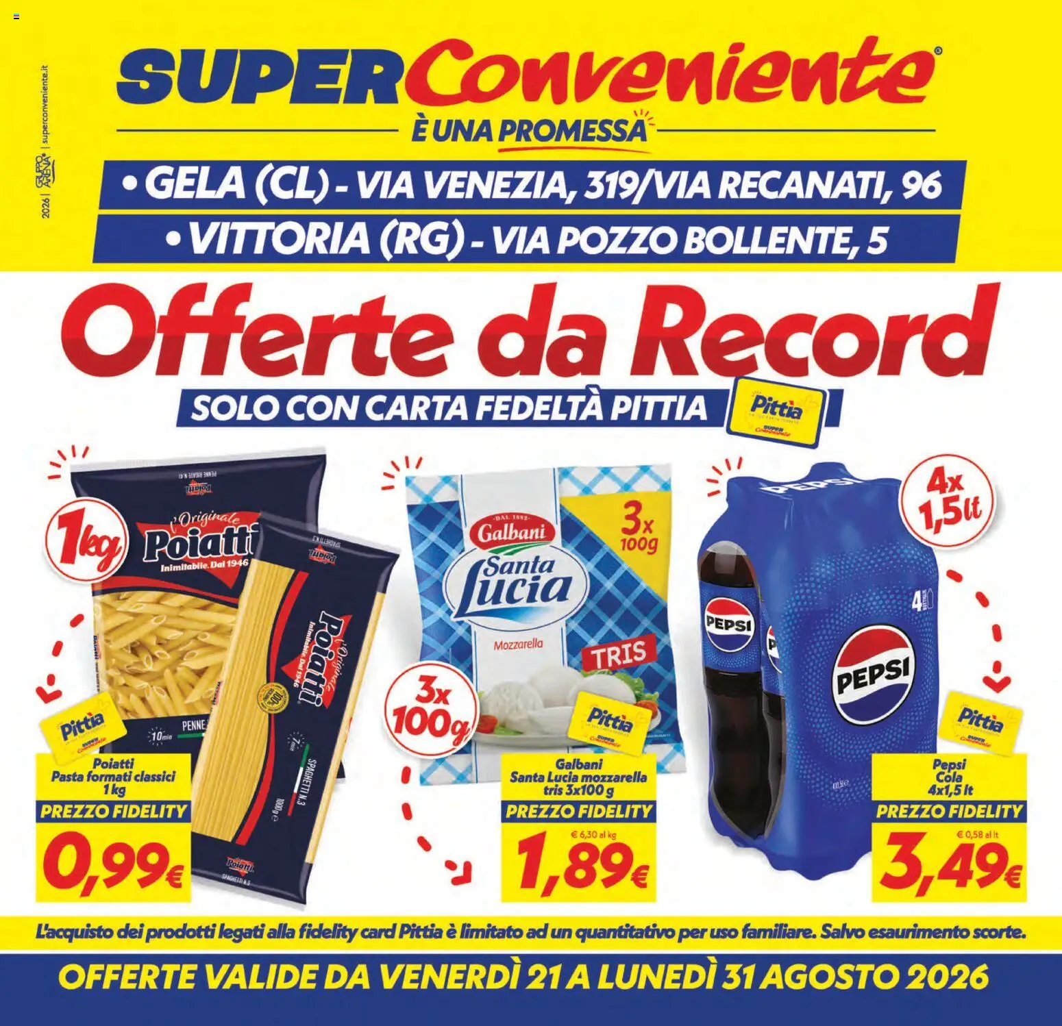 Volantino SuperConveniente del 21/08/2026 | Pagina: 1 | Prodotti: Mozzarella, Pasta, Penne, Spaghetti