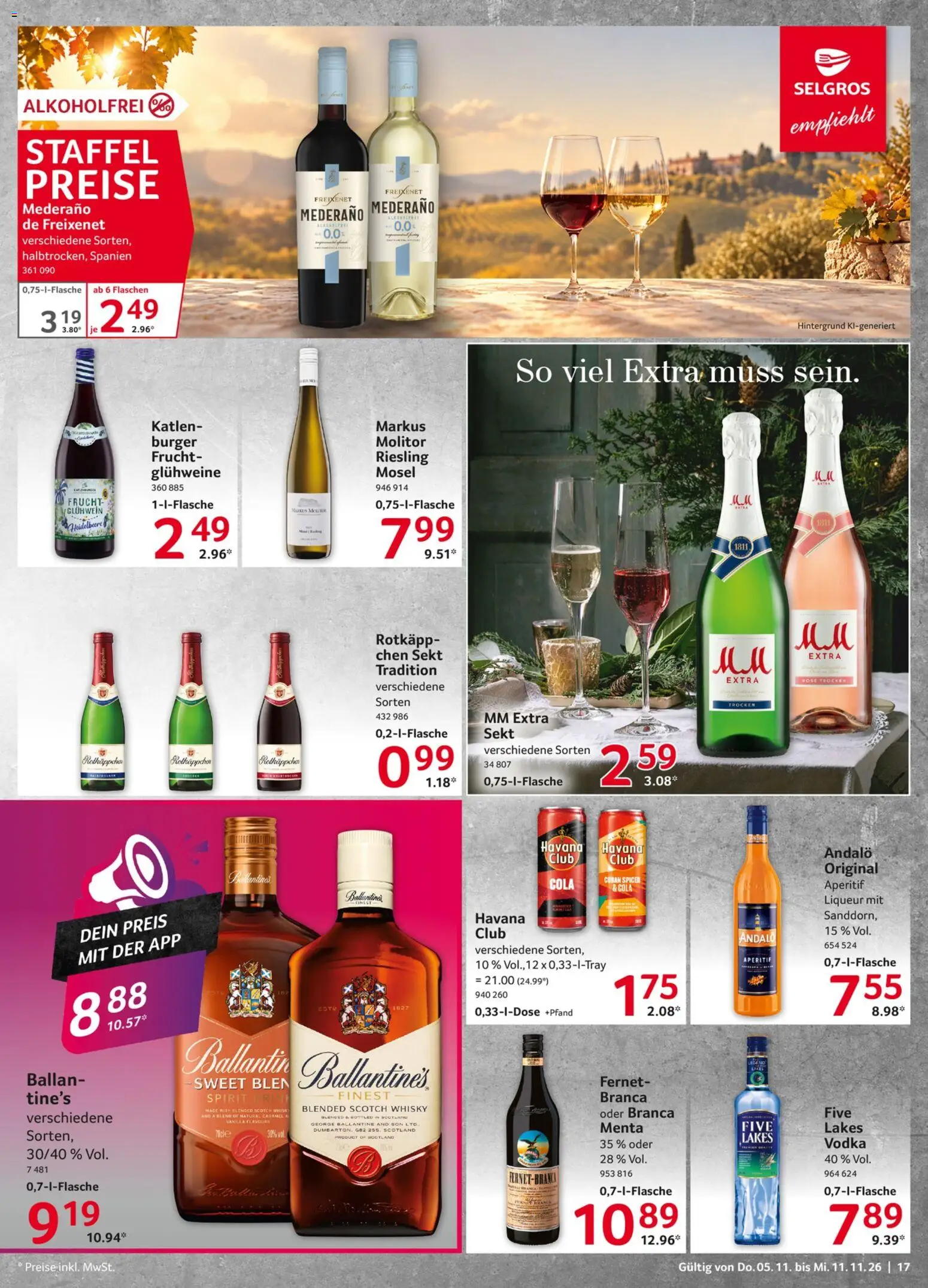 Selgros Prospekt – gültig ab 05.11.2026 | Seite: 17 | Produkte: Whisky, Freixenet mederano, Rotkäppchen, Vodka