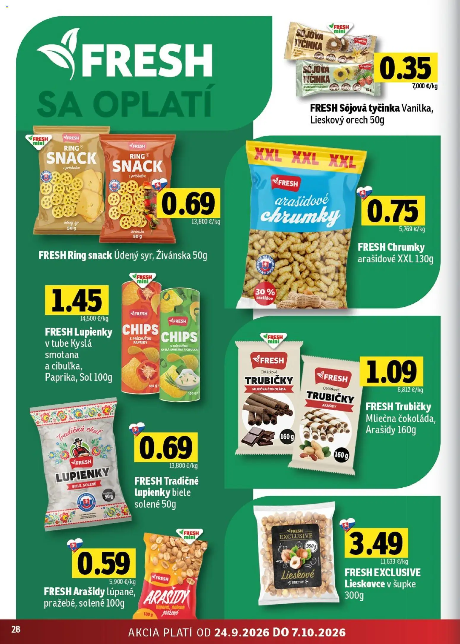 Nové Fresh akcie – leták je platný od 24.09.2026 | Strana: 28 | Produkty: Smotana, Čokoláda, Trubičky, Arašidy