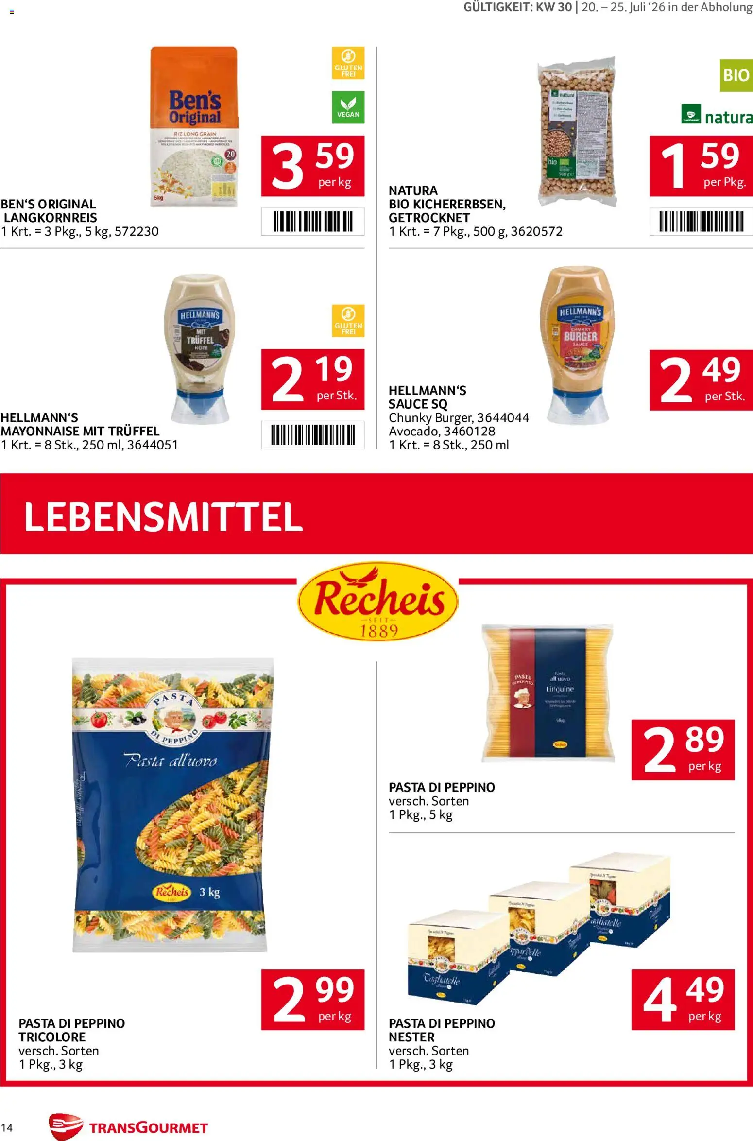 Transgourmet Flugblatt gültig ab 20.07.2026 | Seite: 13 | Produkte: Pasta, Burger, Mayonnaise, Lebensmittel