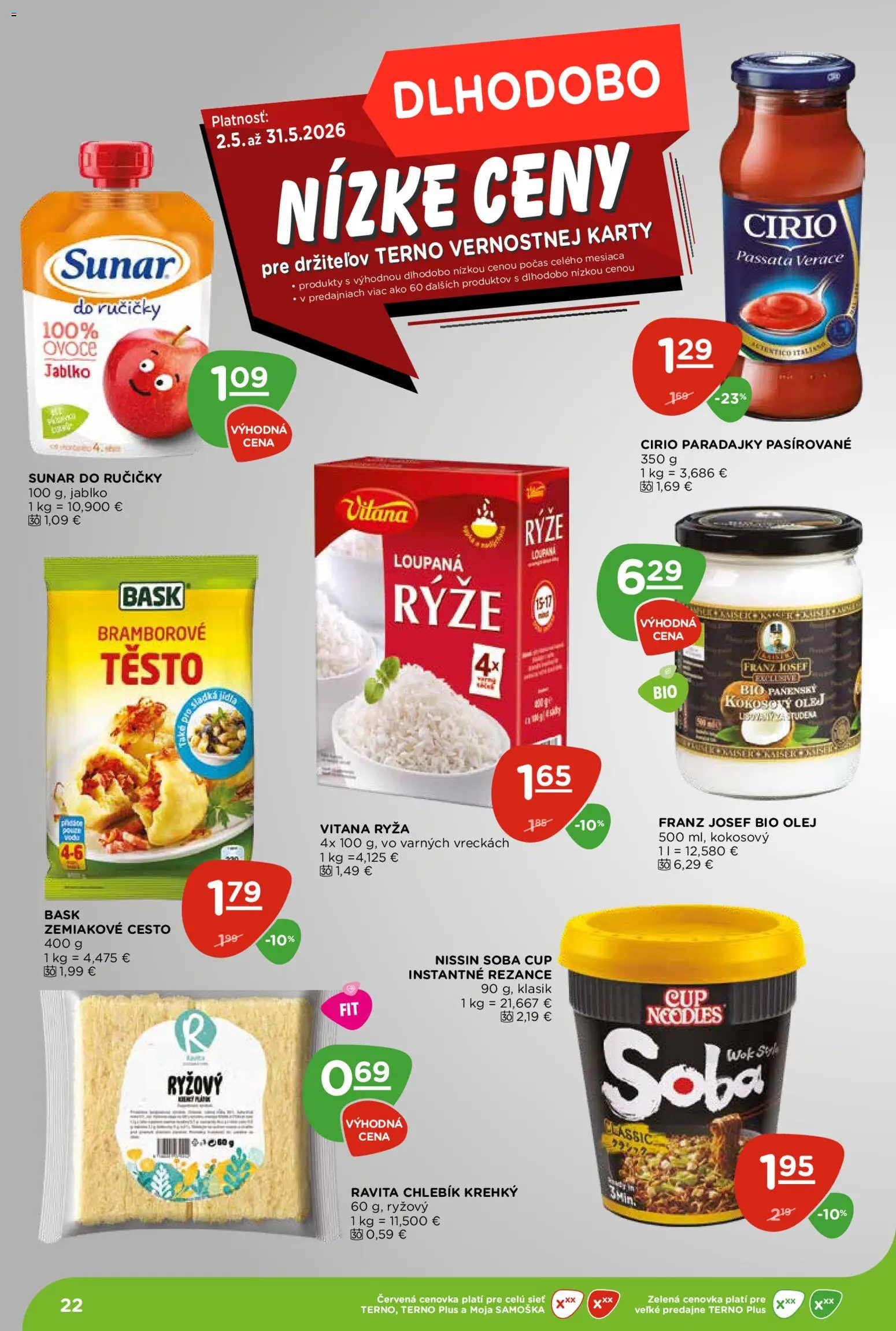 Nové Terno akcie – leták je platný od 28.05.2026 | Strana: 22 | Produkty: Olej, Paradajky, Sunar, Rezance