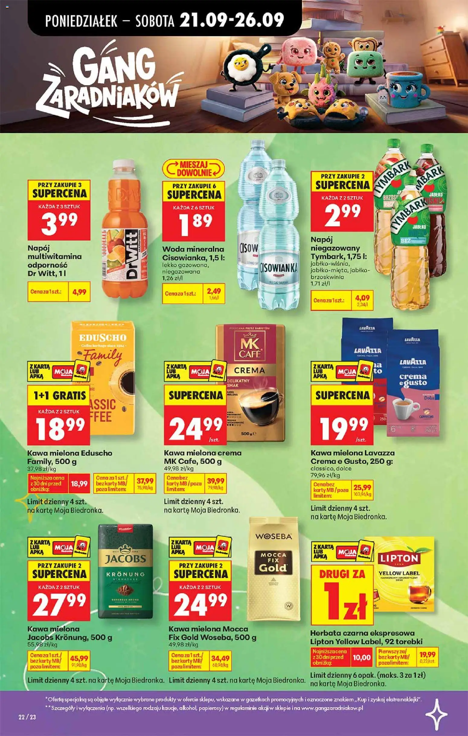 Biedronka gazetka - Gang zaradniaków od 21.09.2026 | Strona: 4 | Produkty: Cisowianka, Lavazza, Kawa, Herbata