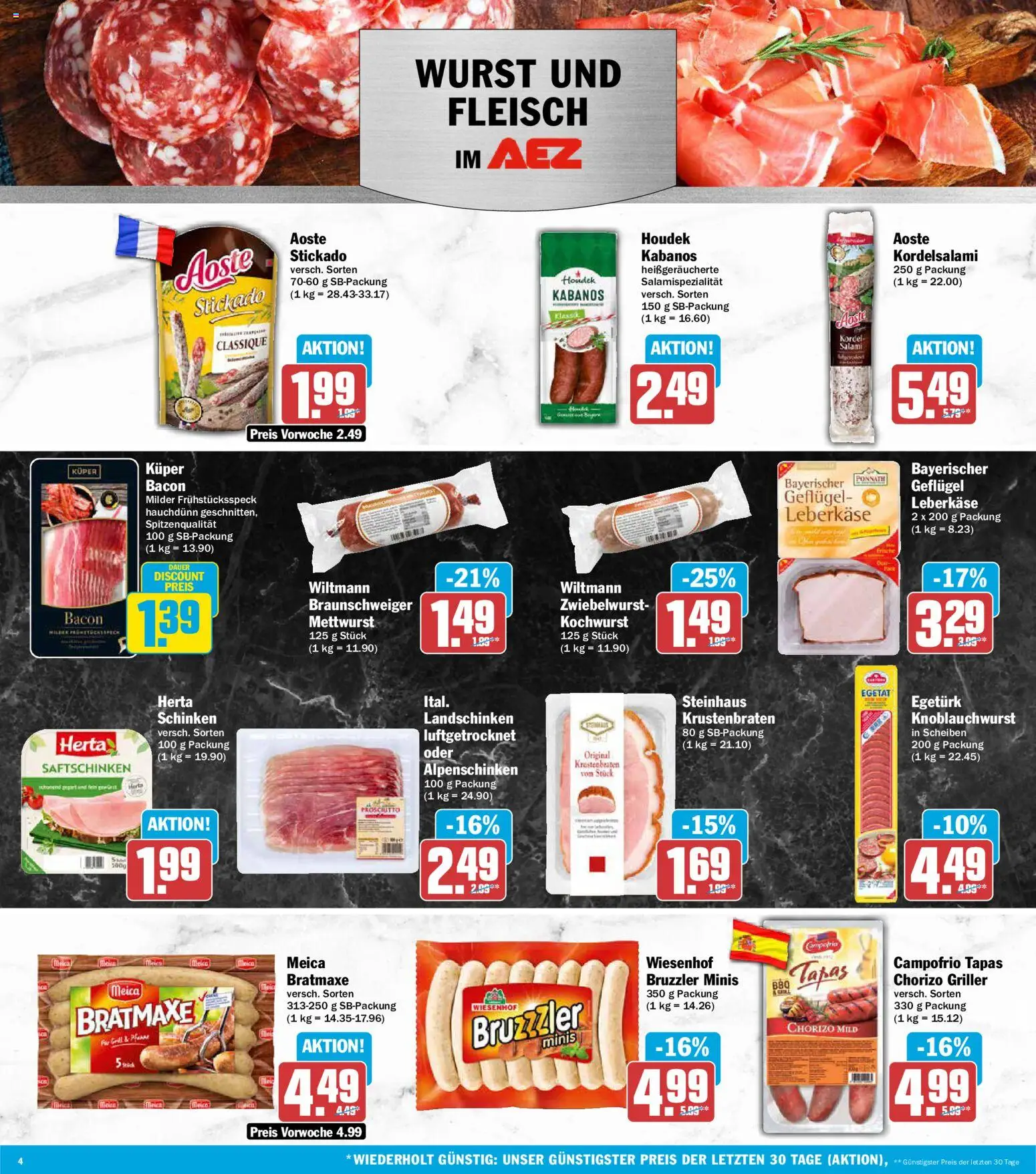AEZ Prospekt – gültig ab 13.07.2026 | Seite: 4 | Produkte: Krustenbraten, Meica, Salami, Fleisch