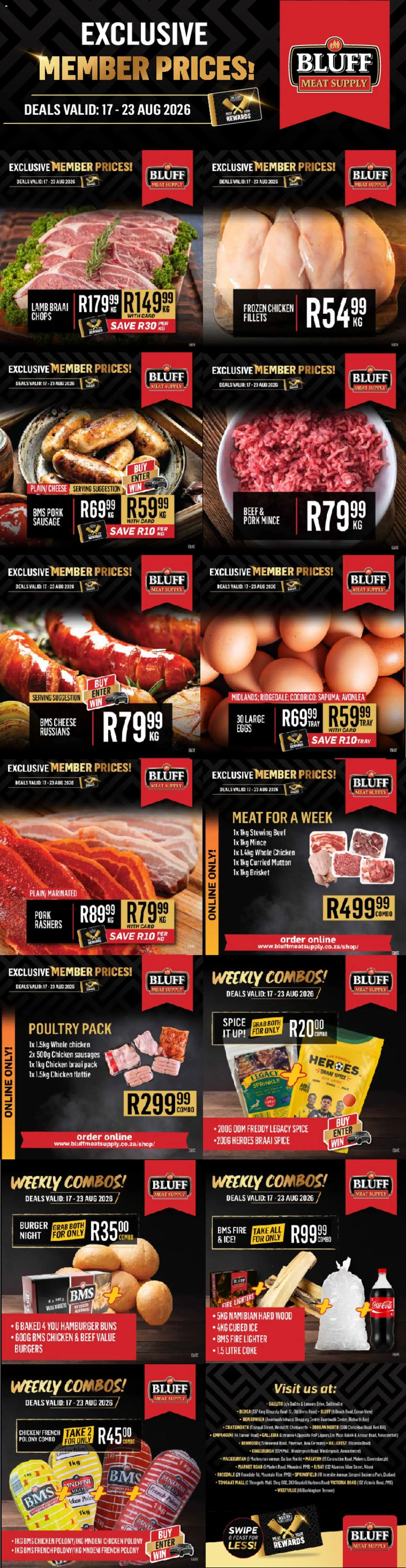 New Bluff Meat Supply catalogue – valid from 17/08/2026 | Page: 1 | Products: Tray, Frozen chicken, Pork, Sausage