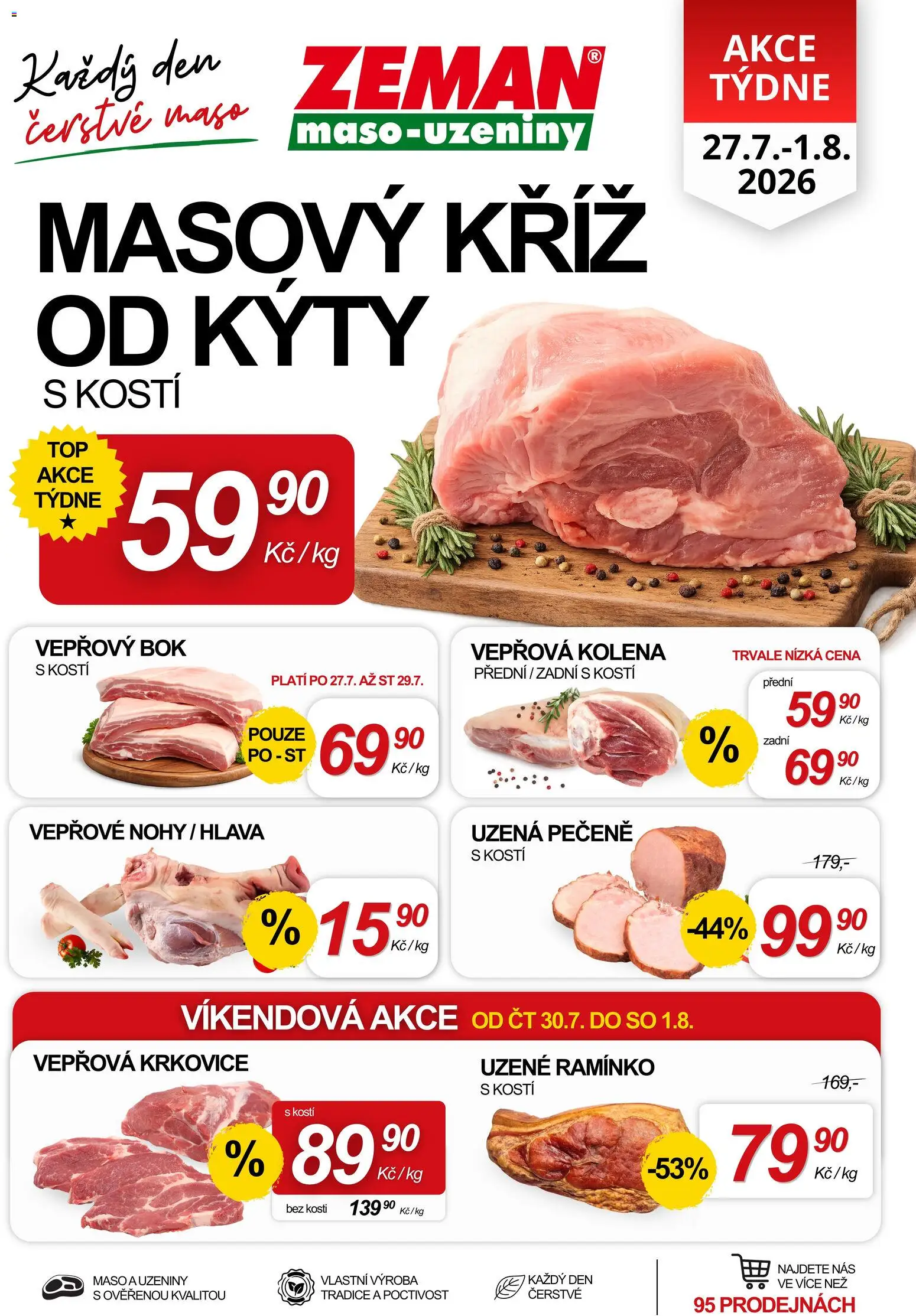 Prodejny Zeman leták - Akce týdne od 27.07.2026 | Strana: 1 | Produkty: Vepřový bok, Uzeniny, Maso, Krkovice