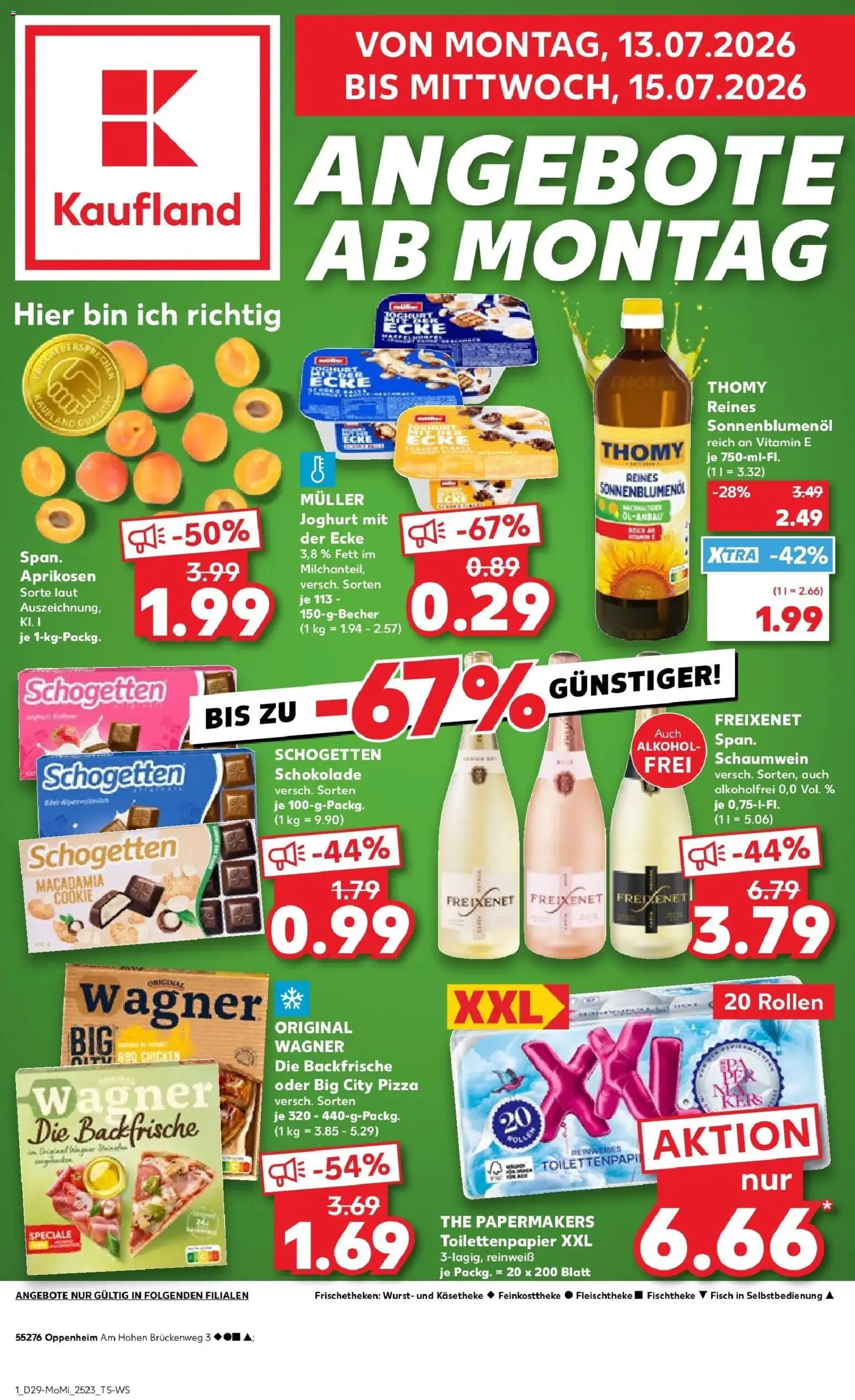 Kaufland Prospekt Oppenheim – gültig ab 13.07.2026 | Seite: 1 | Produkte: Freixenet, Sonnenblumenol, Fisch, Toilettenpapier