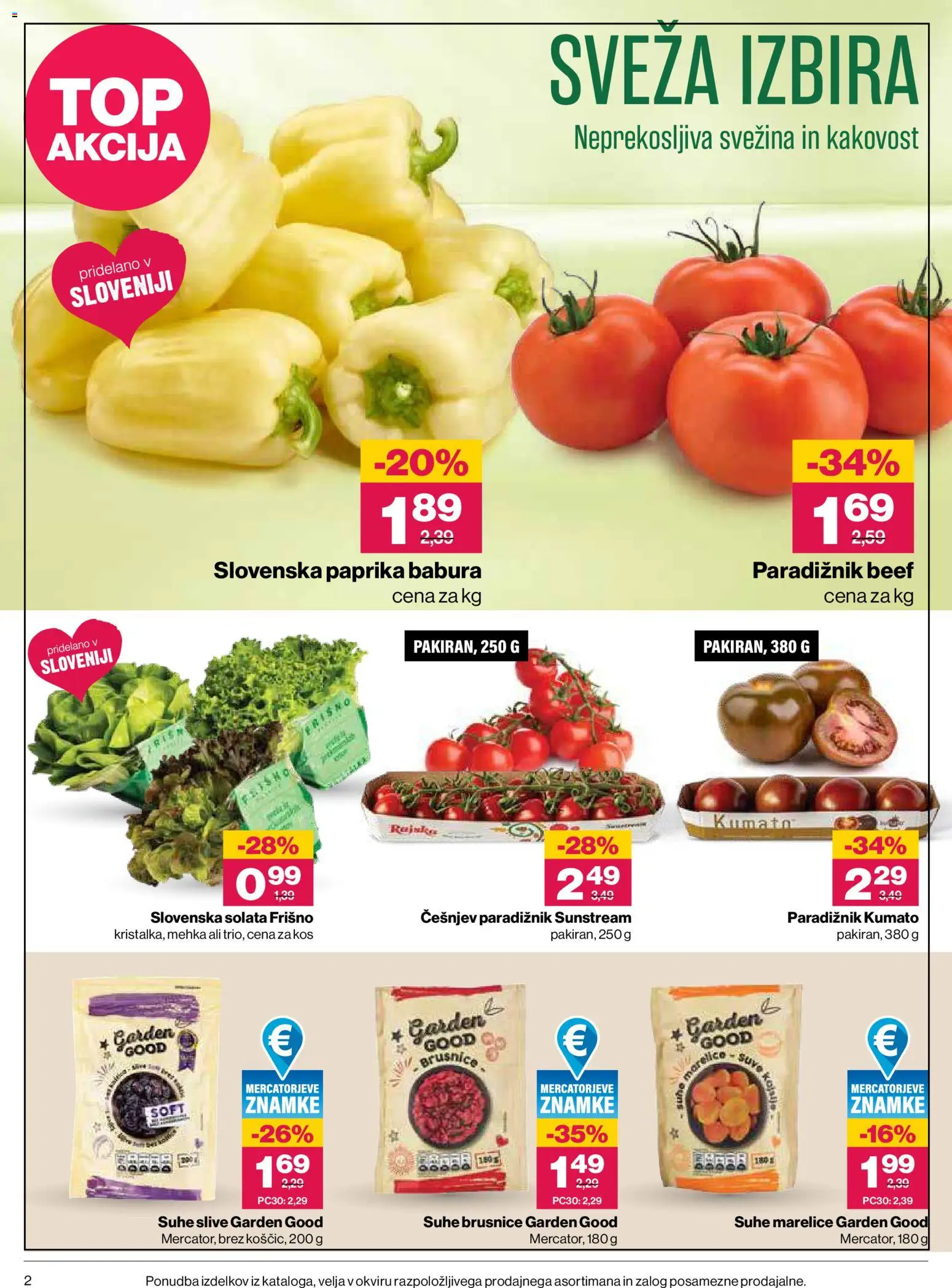 Novi Mercator katalog ponudbe – veljaven od 30.07.2026 | Stran: 2 | Izdelki: Češnjev paradižnik, Suhe slive, Paradiznik, Solata