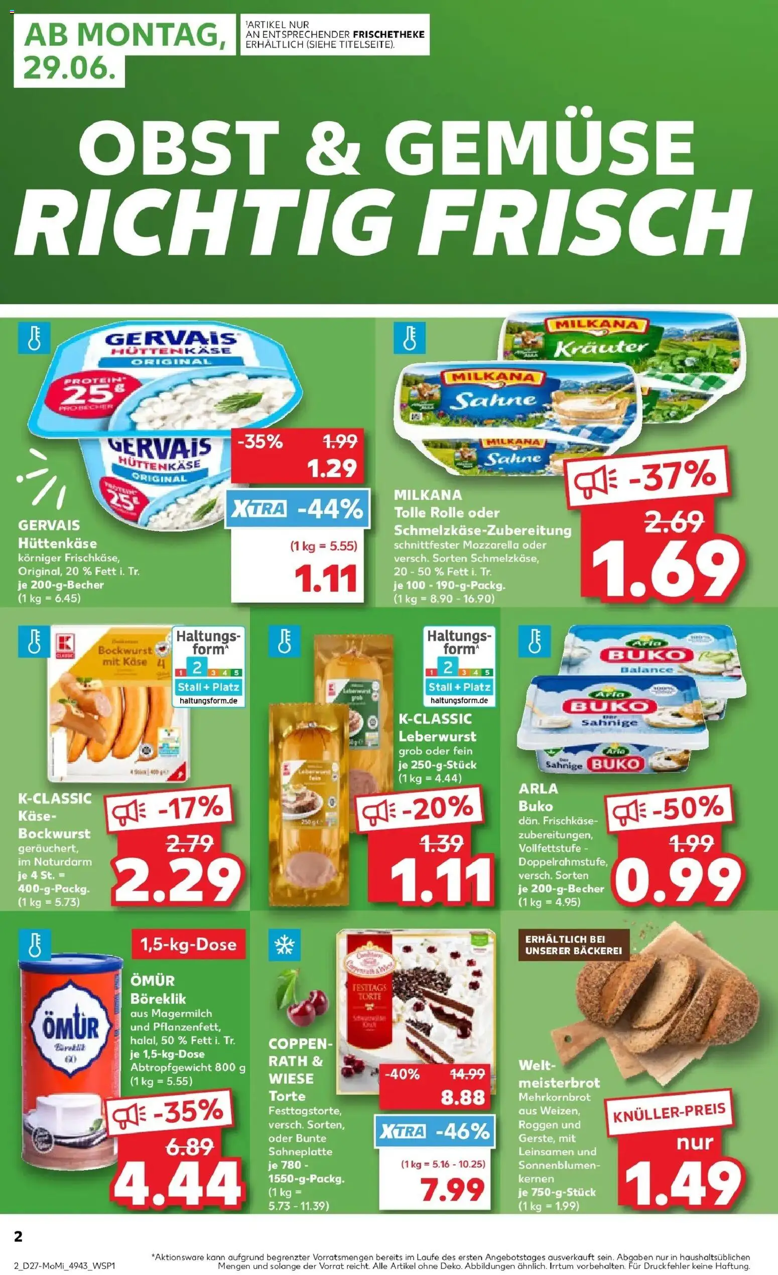Kaufland Prospekt Viersen – gültig ab 29.06.2026 | Seite: 2 | Produkte: Milkana, Gemüse, Obst, Hüttenkäse