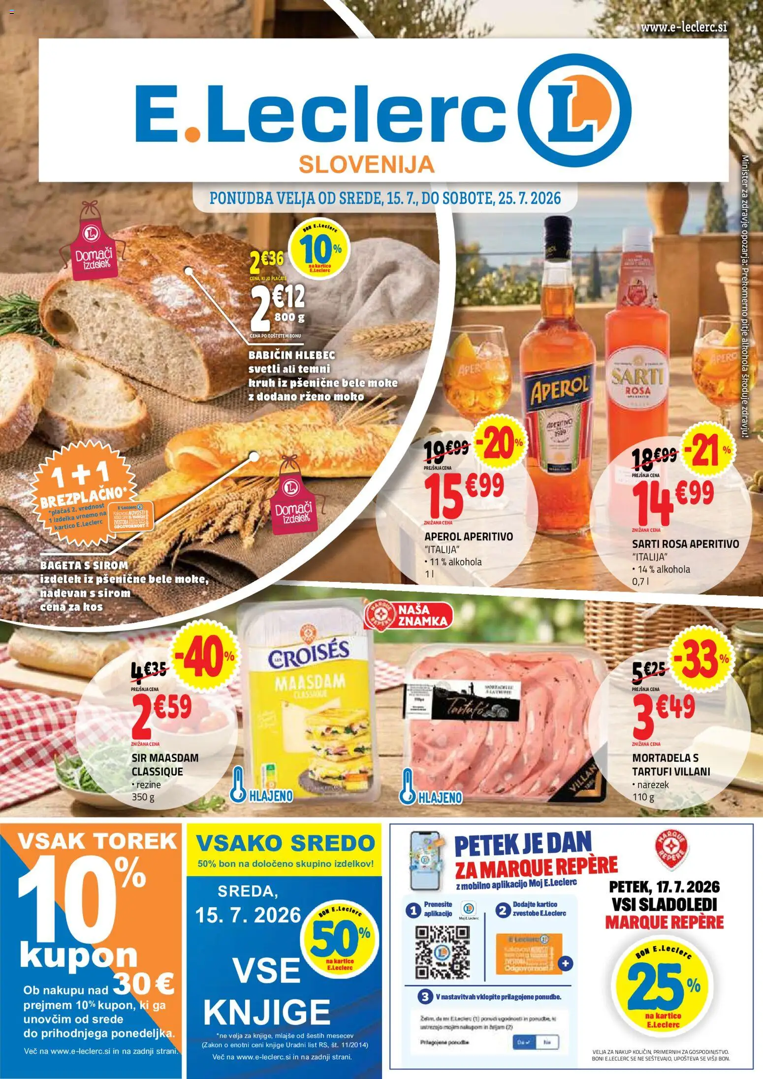 Novi E.leclerc katalog ponudbe – veljaven od 15.07.2026 | Stran: 1 | Izdelki: Mortadela, Narezek, Hlebec, Kruh