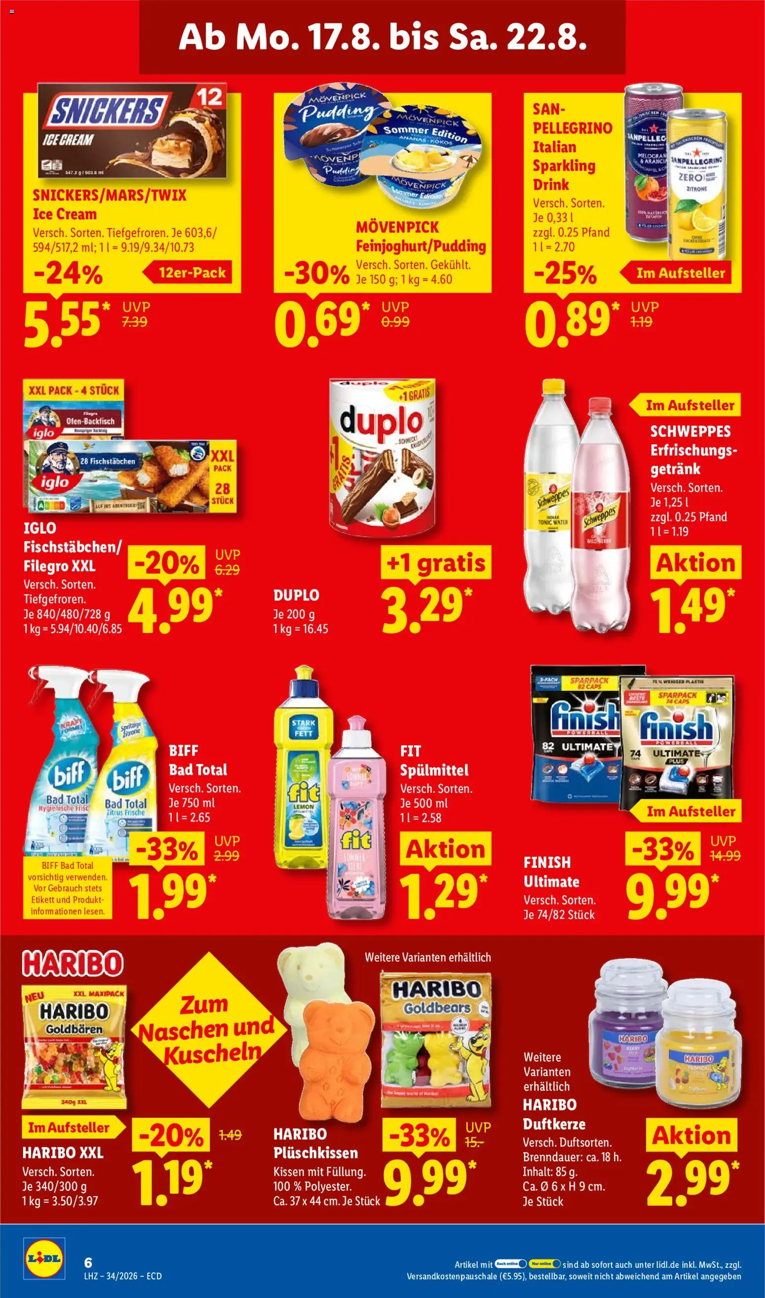 Lidl Německo leták od 17.08.2026 | Strana: 14 | Produkty: Finish, Haribo, Tonic, Snickers