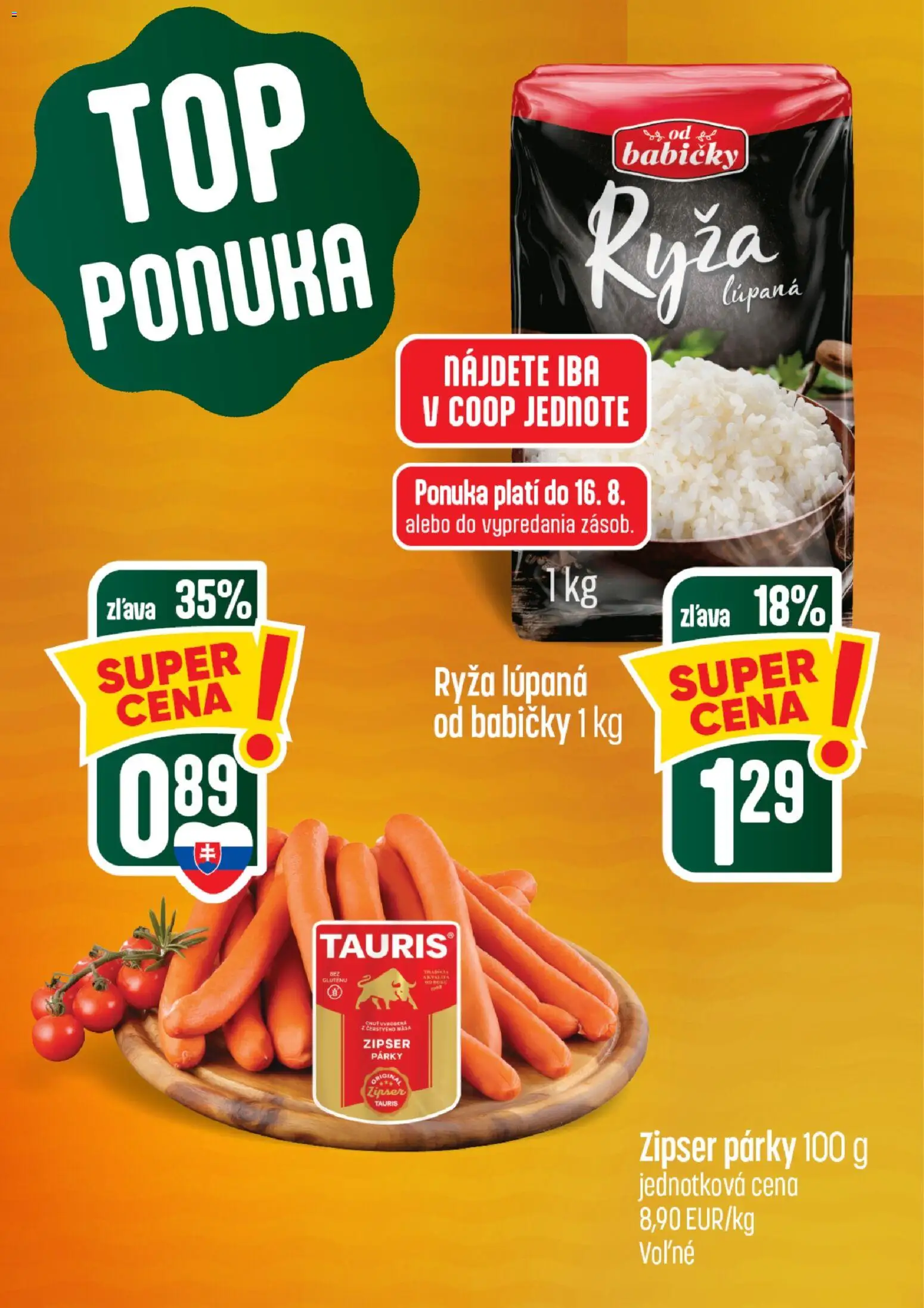 Nové COOP Jednota akcie – leták je platný od 13.08.2026 | Strana: 2 | Produkty: Ryža, Párky