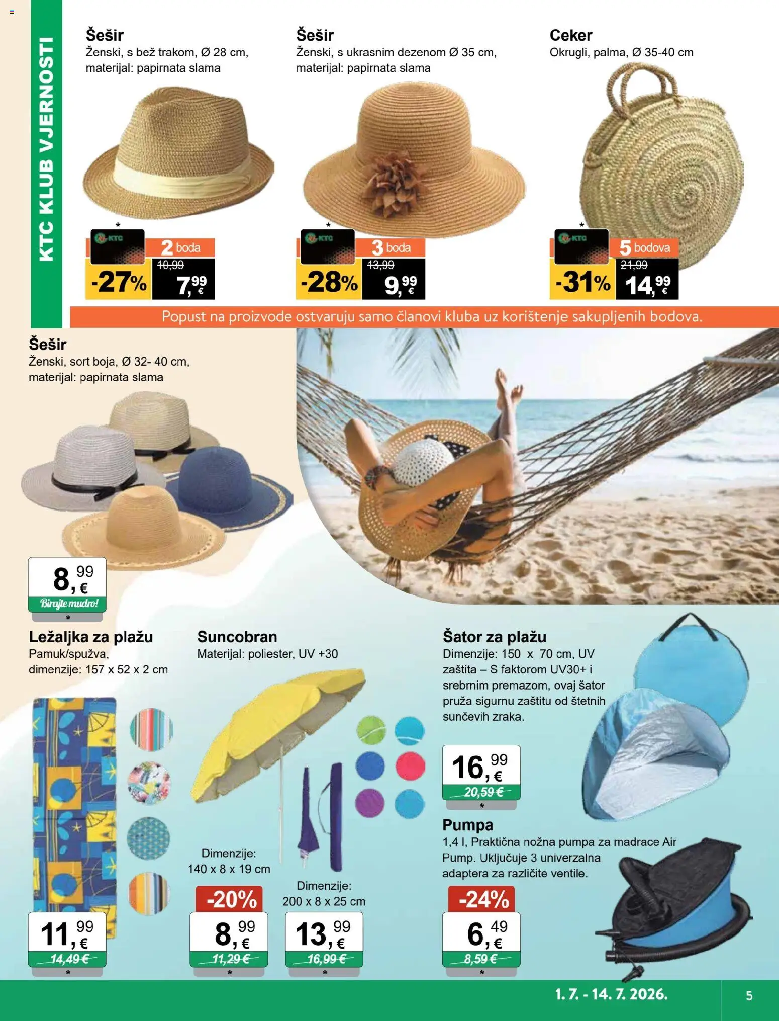 KTC katalog | vrijedi od 01.07.2026 | Stranica: 5 | Proizvodi: Ležaljka, Šešir, Suncobran, Ležaljka za plažu