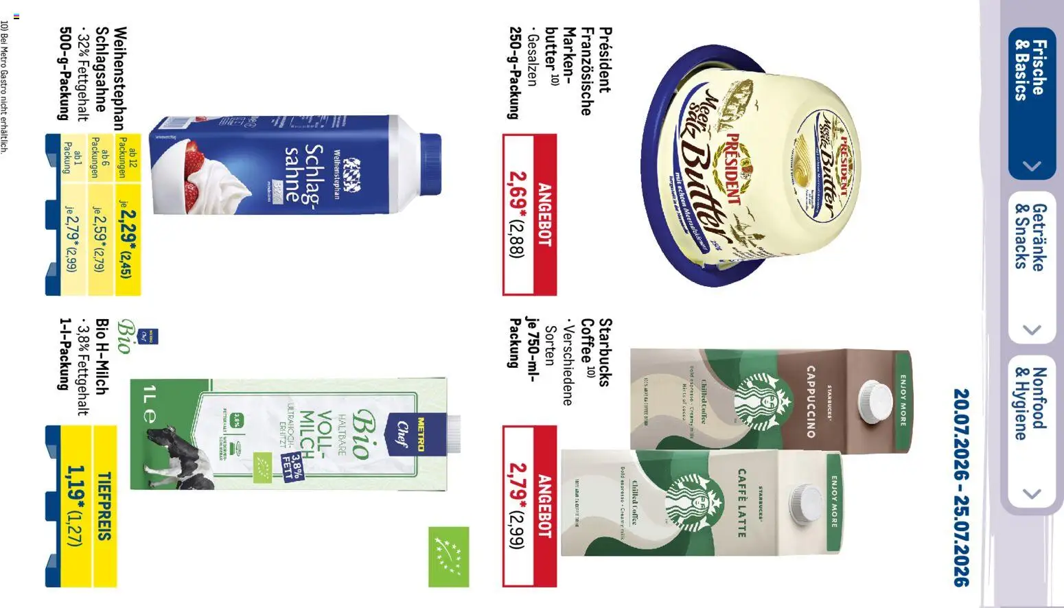 Metro Prospekt – gültig ab 20.07.2026 | Seite: 16 | Produkte: Schlagsahne, Butter, Starbucks, Sahne