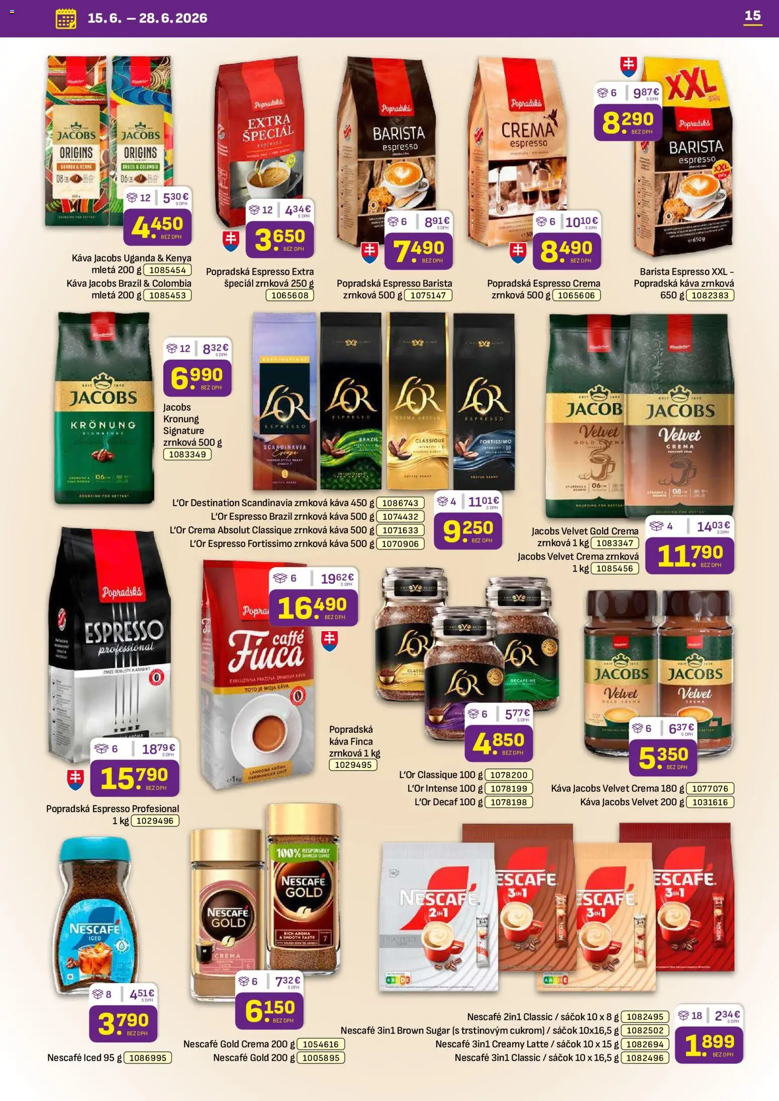Nové Libex akcie – leták je platný od 15.06.2026 | Strana: 15 | Produkty: Jacobs Velvet, Káva, Barista, Nescafé Gold