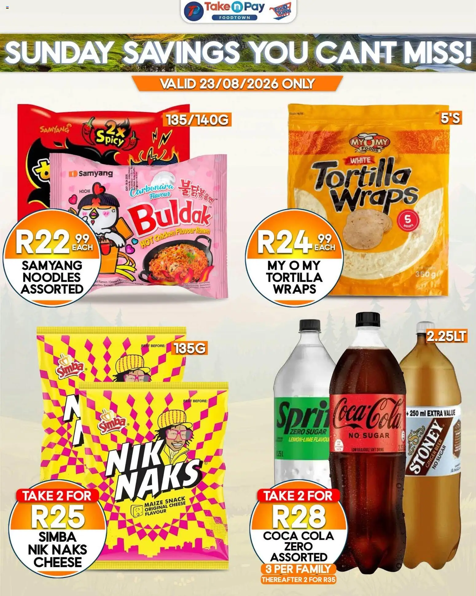 New Take n Pay catalogue – valid from 23/08/2026 | Page: 3 | Products: Cheese, Noodles, Stoney, Sugar