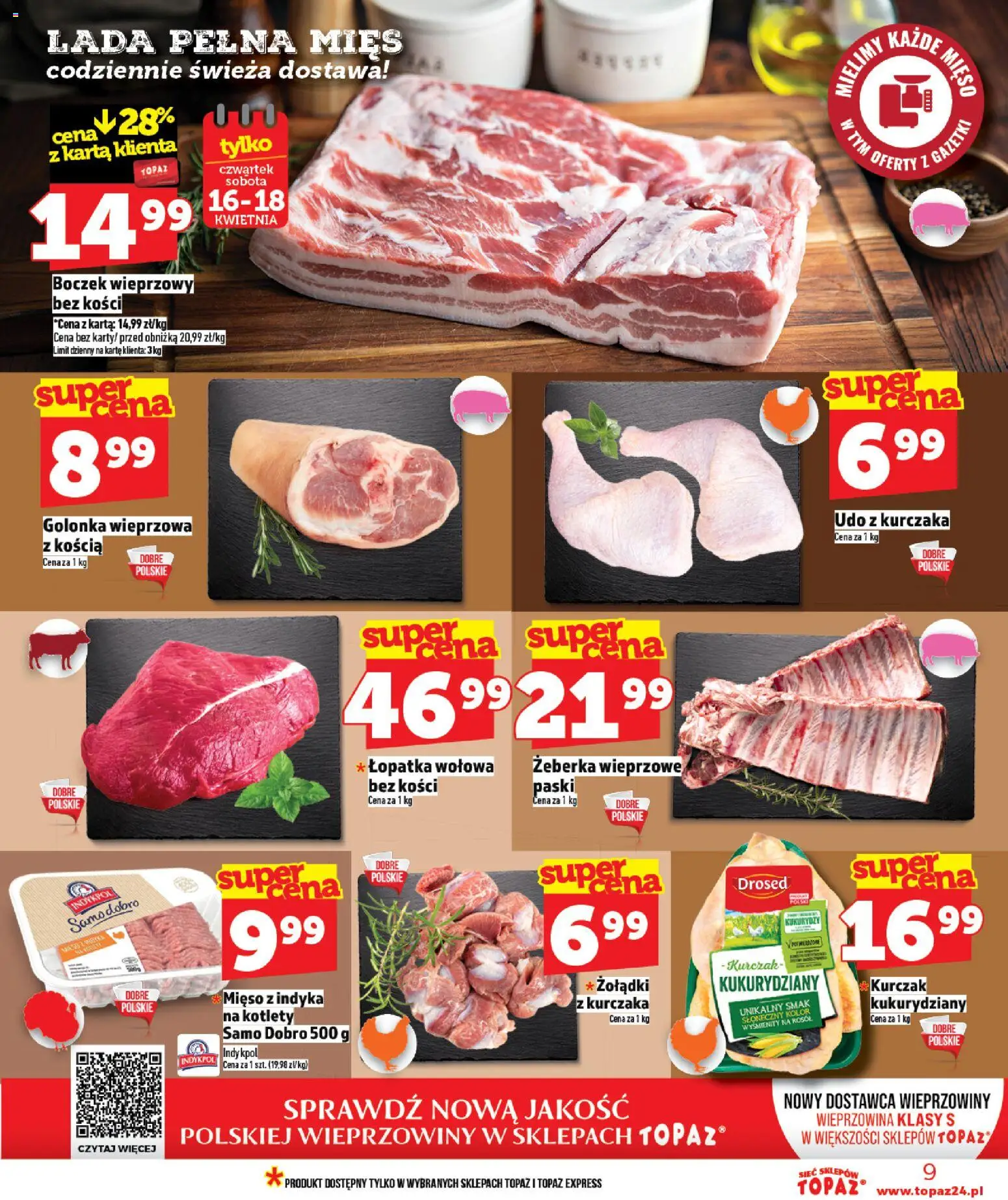 Topaz gazetka od 16.04.2026 | Strona: 9 | Produkty: Boczek wieprzowy, Boczek, Wieprzowina, Kotlety