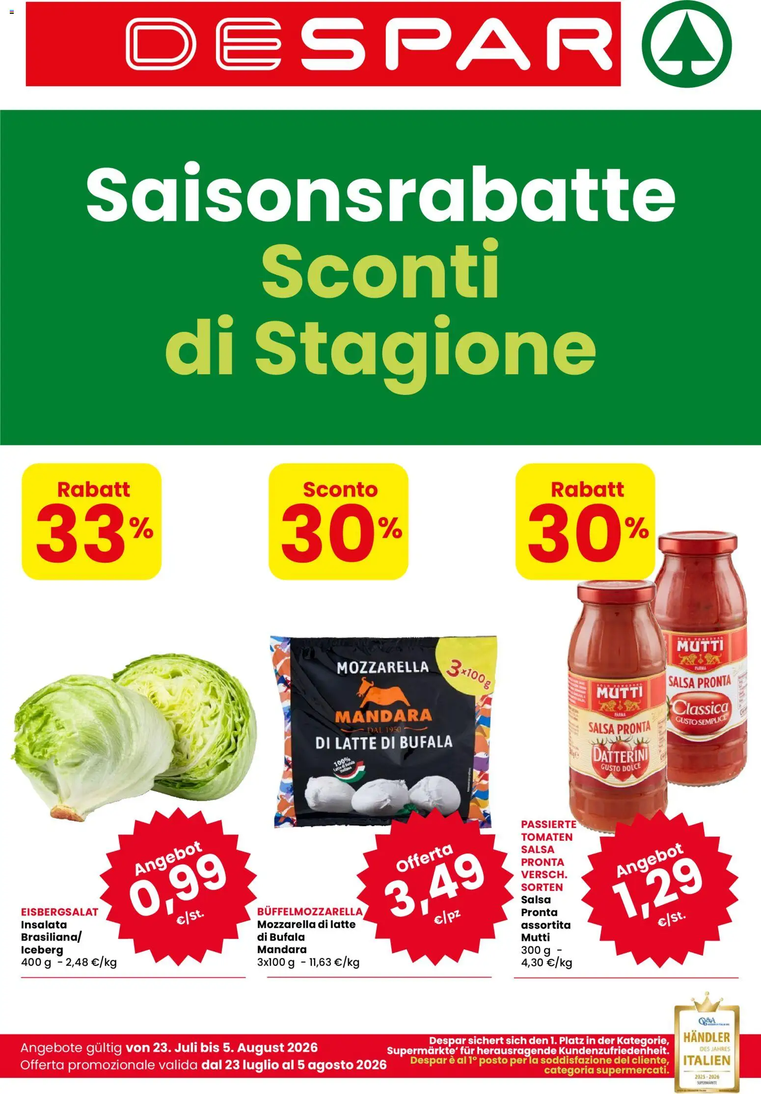 Volantino Despar del 23/07/2026 | Pagina: 1 | Prodotti: Insalata, Salsa, Latte, Mutti
