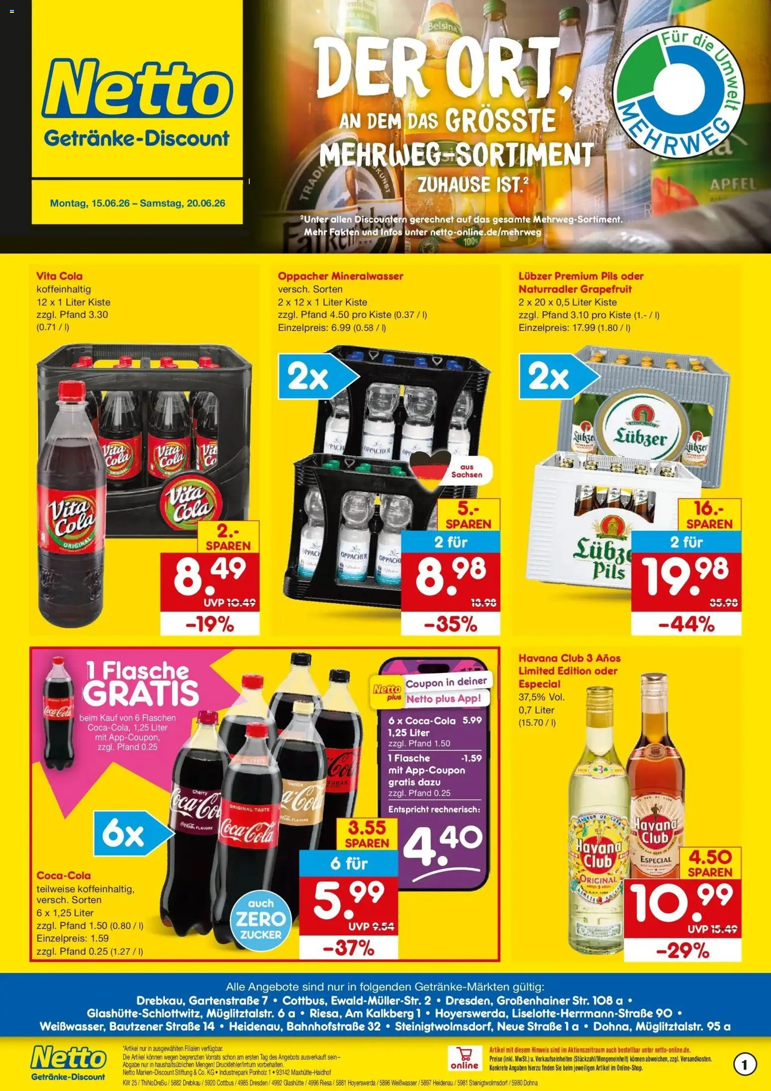 Netto Marken-Discount Prospekt Dresden – gültig ab 15.06.2026 | Seite: 1 | Produkte: Havana club, Cola, Zucker, Lubzer