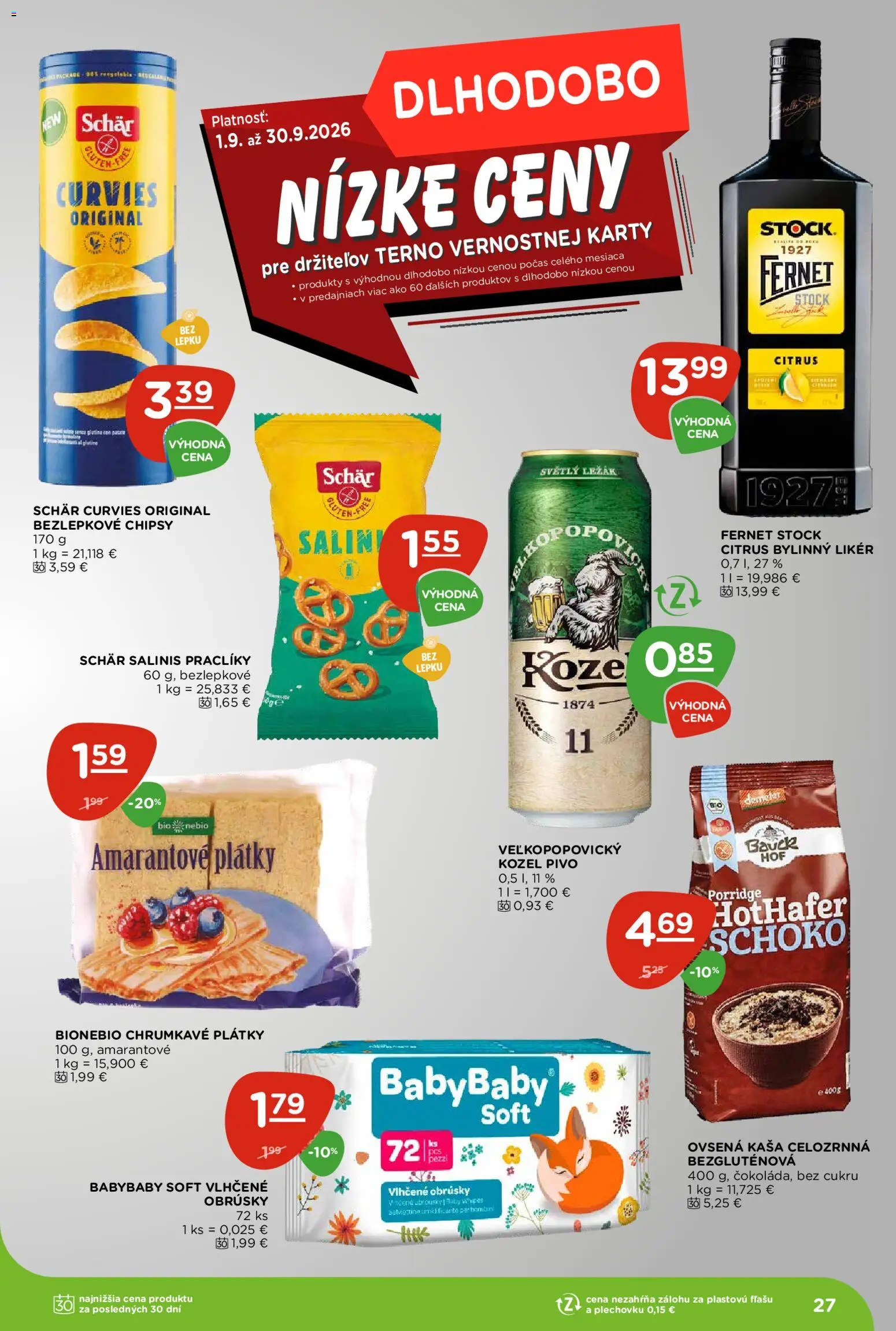Nové Terno akcie – leták je platný od 24.09.2026 | Strana: 27 | Produkty: Chipsy, Ovsená kaša, Fernet, Fernet Stock