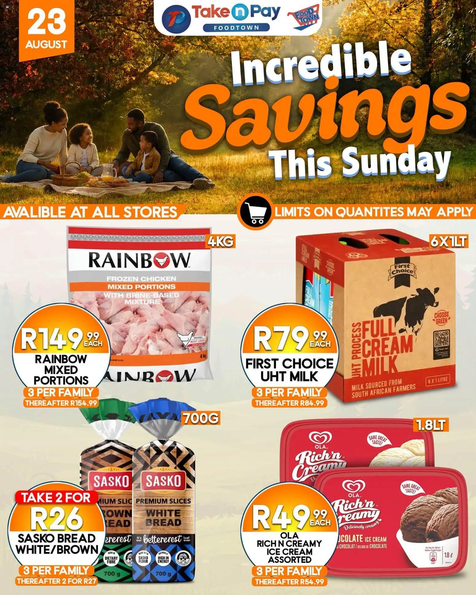 New Take n Pay catalogue – valid from 23/08/2026 | Page: 1 | Products: Frozen chicken, Milk, Chocolate, Chicken