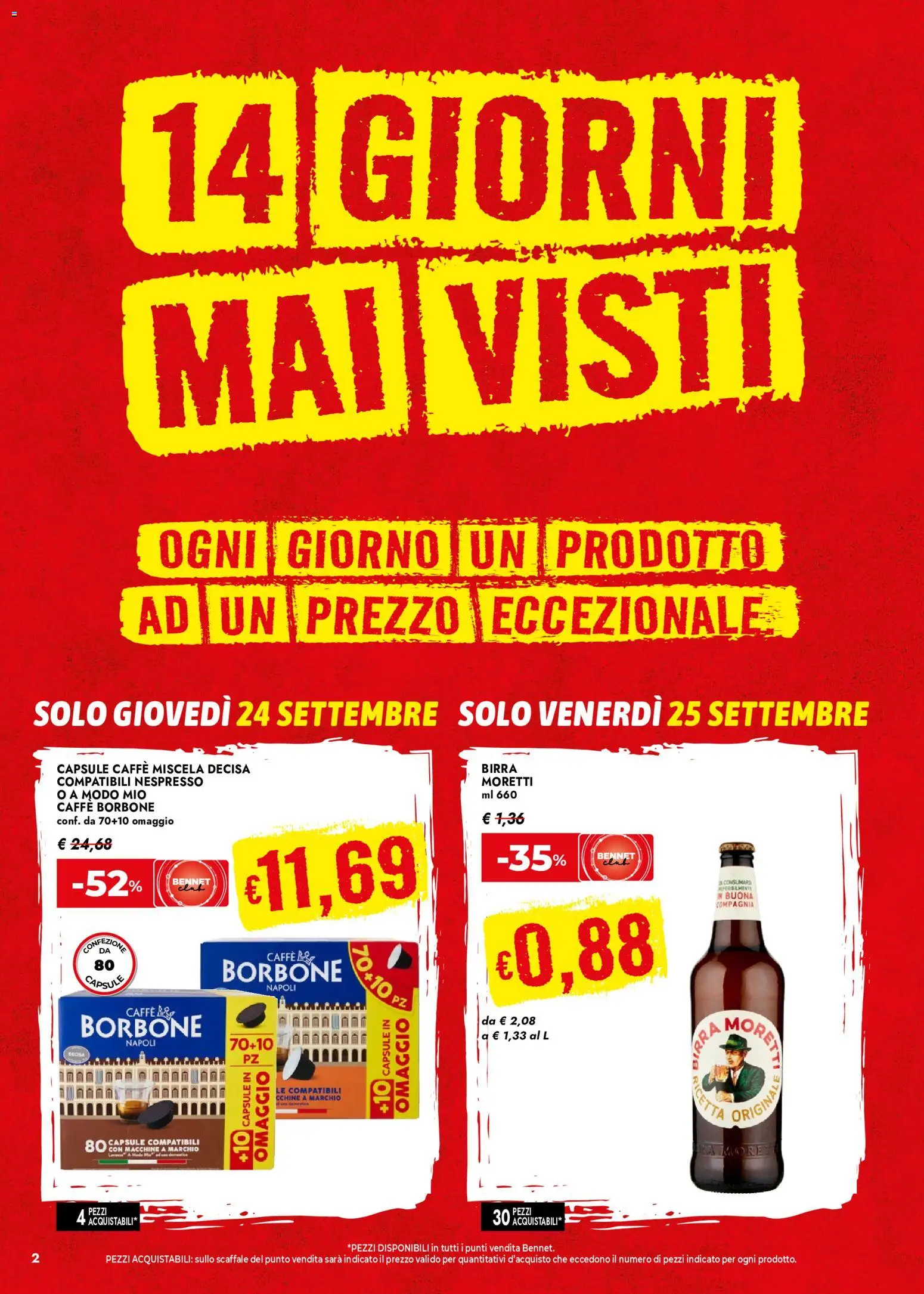 Volantino bennet del 24/09/2026 | Pagina: 2 | Prodotti: Caffè, Birra, Scaffale, Borbone