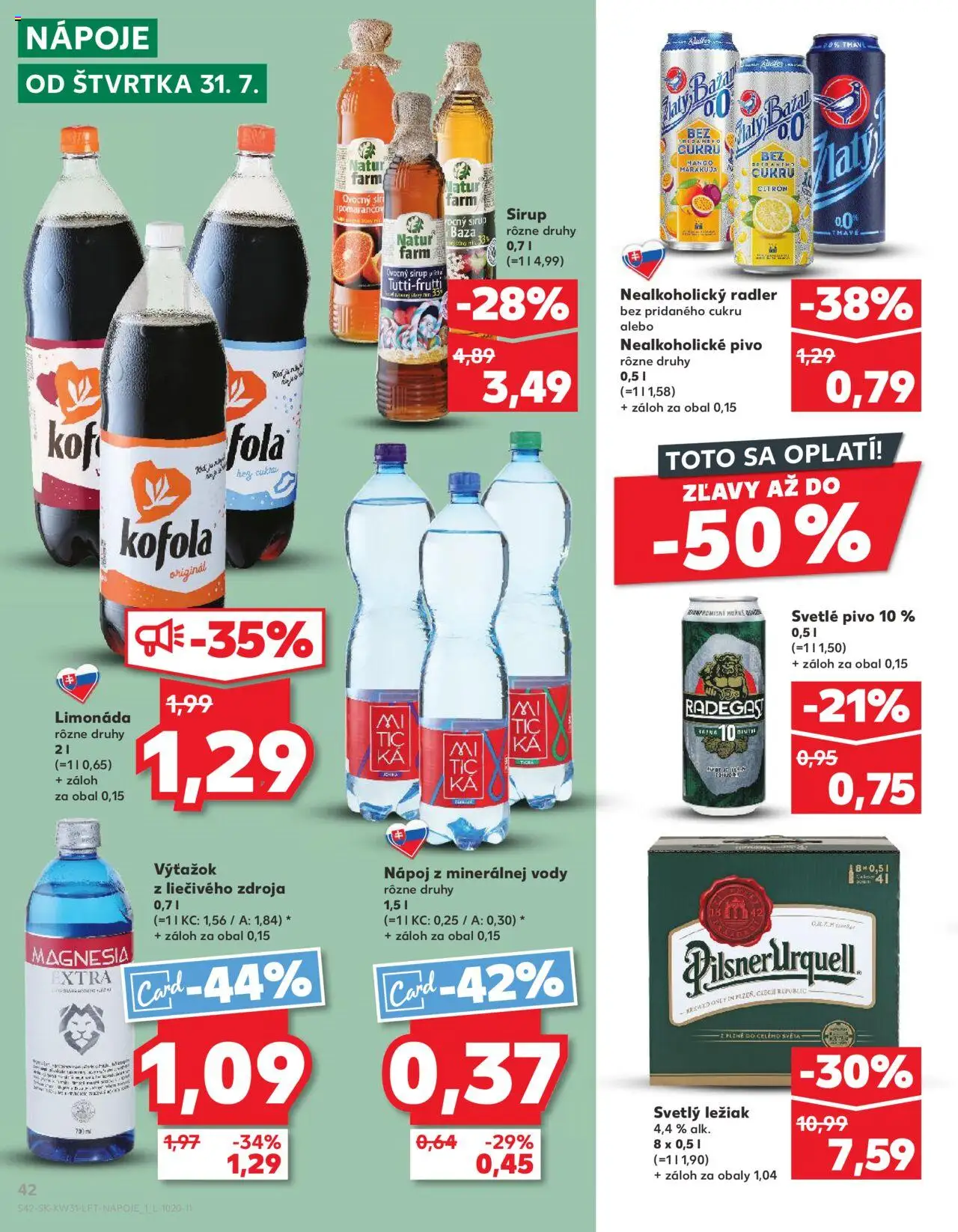 Nové Kaufland akcie – leták je platný od 31.07.2025 | Strana: 42 | Produkty: Pilsner Urquell, Radler, Magnesia, Mitická
