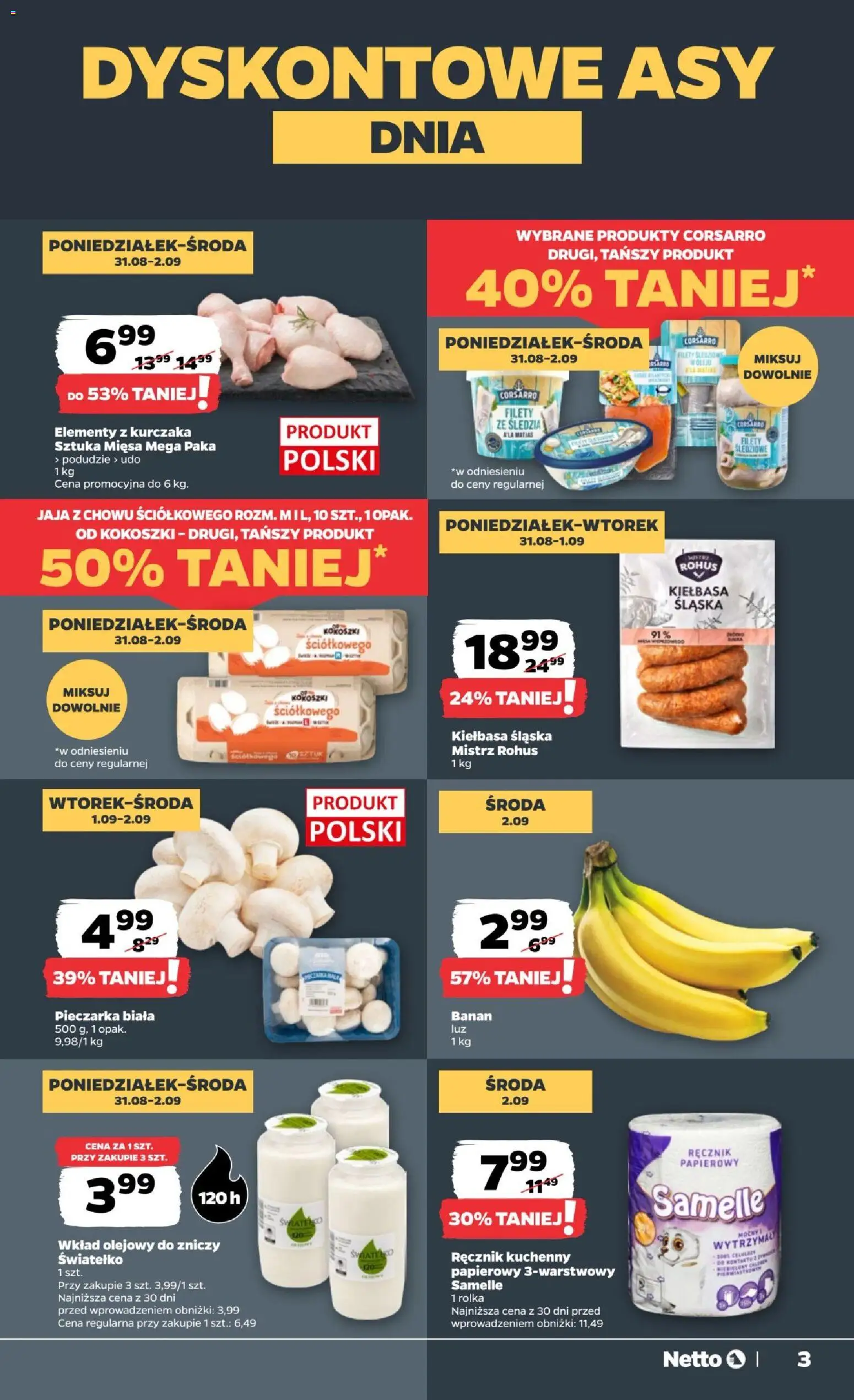 Netto gazetka od poniedziałku od 31.08.2026 | Strona: 3 | Produkty: Kiełbasa, Ręcznik kuchenny, Ręcznik papierowy, Jaja