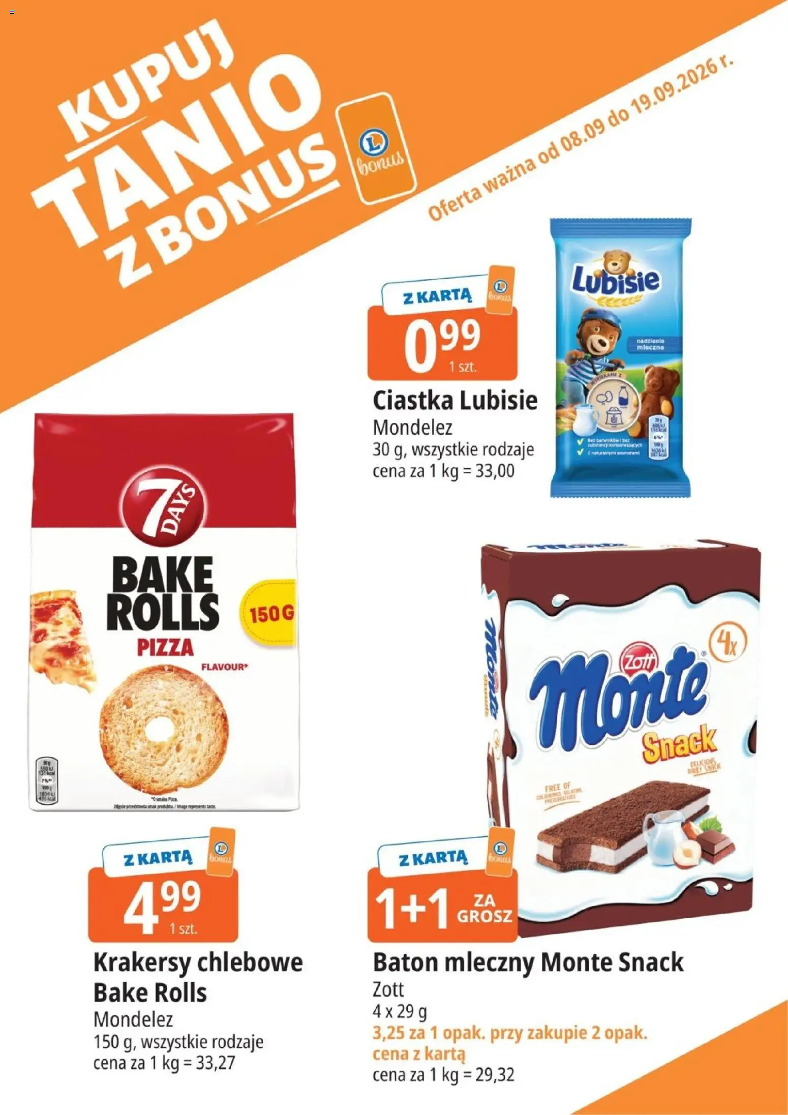 E.Leclerc gazetka - Kupuj Tanio Z Bonus od 08.09.2026 | Strona: 1 | Produkty: Karta, Baton, Pizza, Ciastka