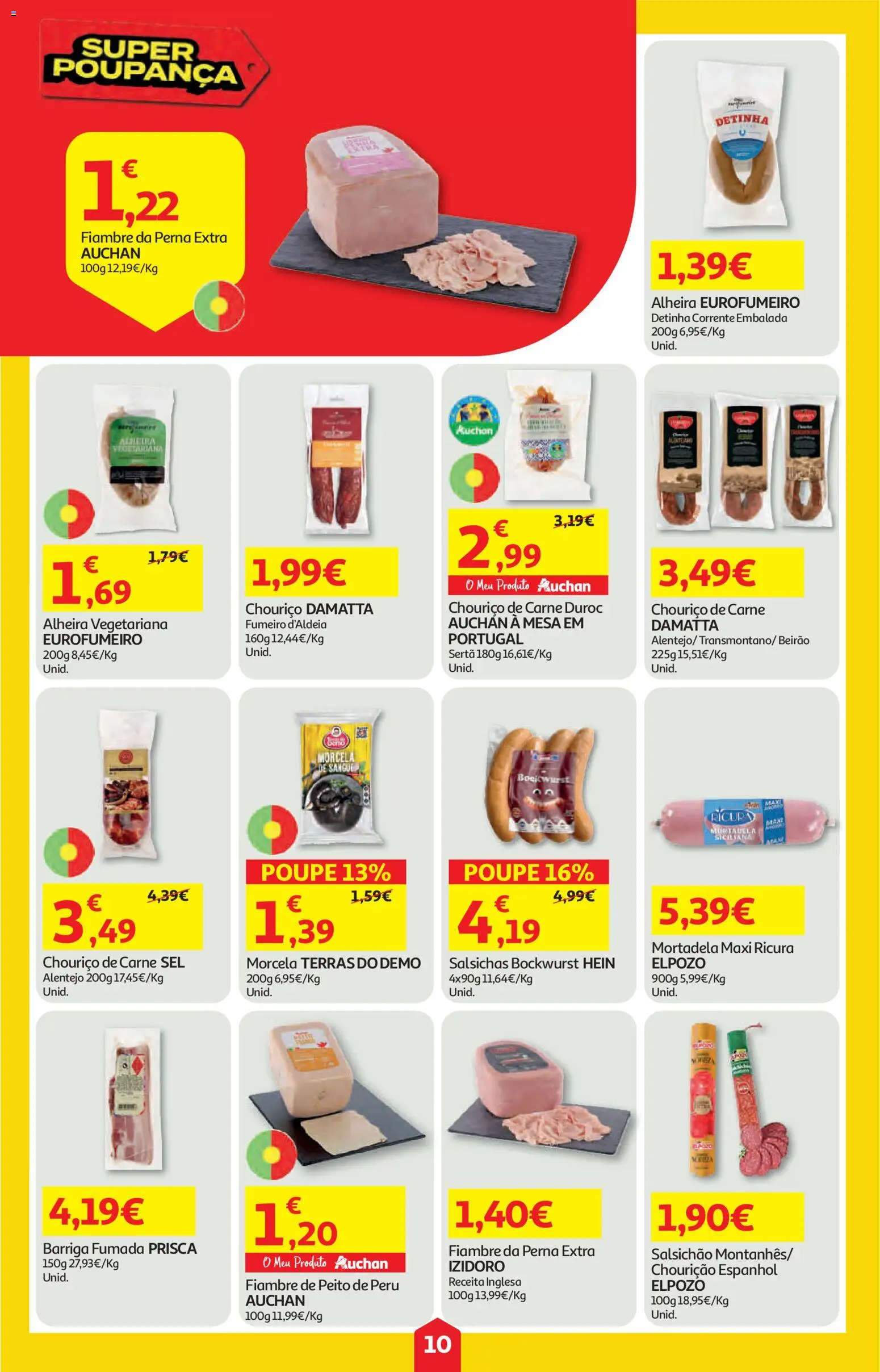 Auchan folheto │ válido de 21.05.2026 | Página: 10 | Produtos: Mortadela, Peru, Chouriço, Carne